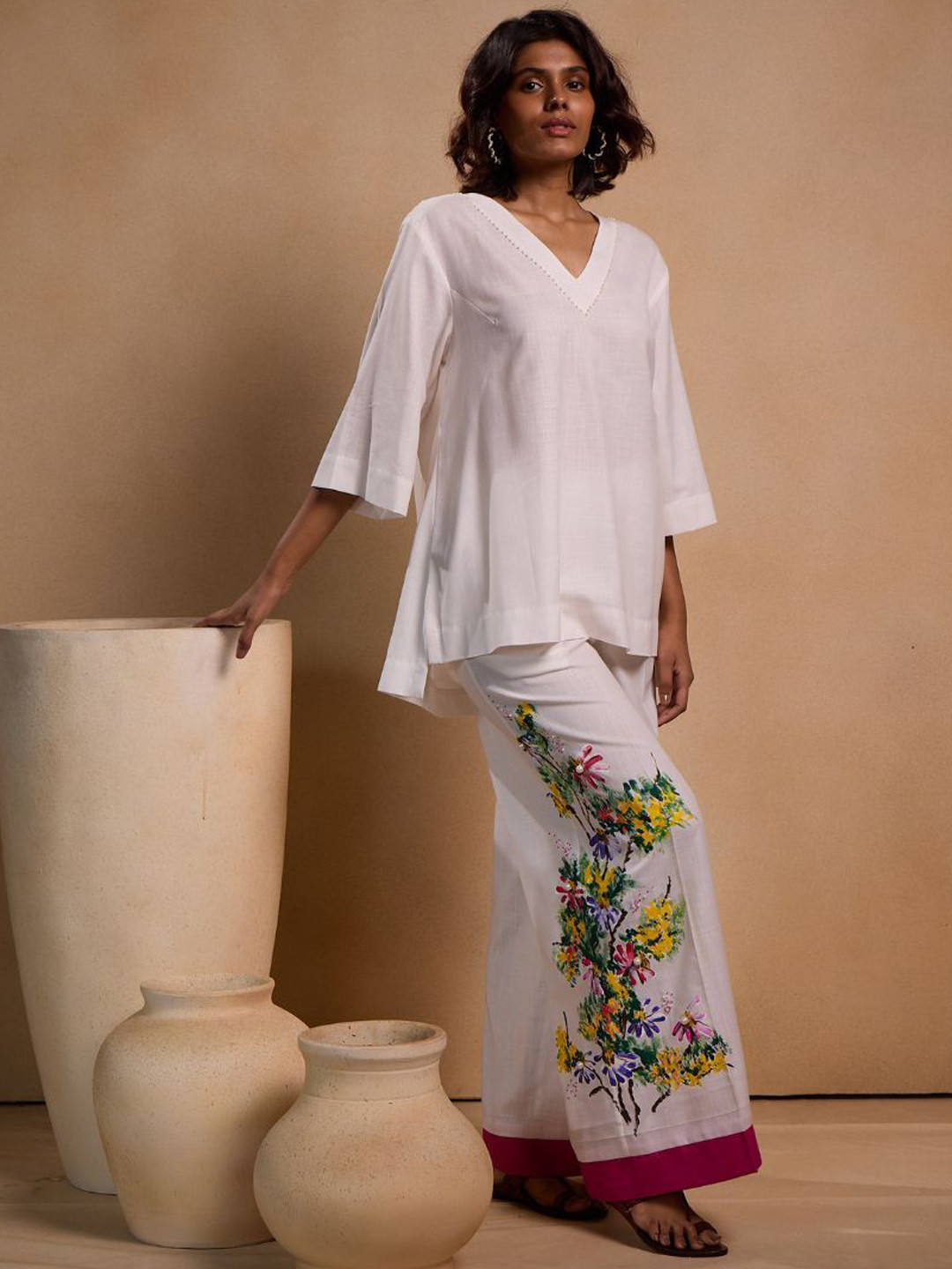 Chhaya Gandhi Design Studio V-Neck Three Fourth Sleeves Top With Palazzos Co-Ords