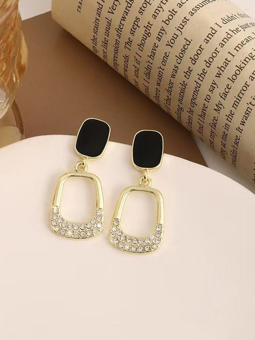 Celestria Gold-Plated Rhinestones Studded Korean Oval Shaped Drop Earrings