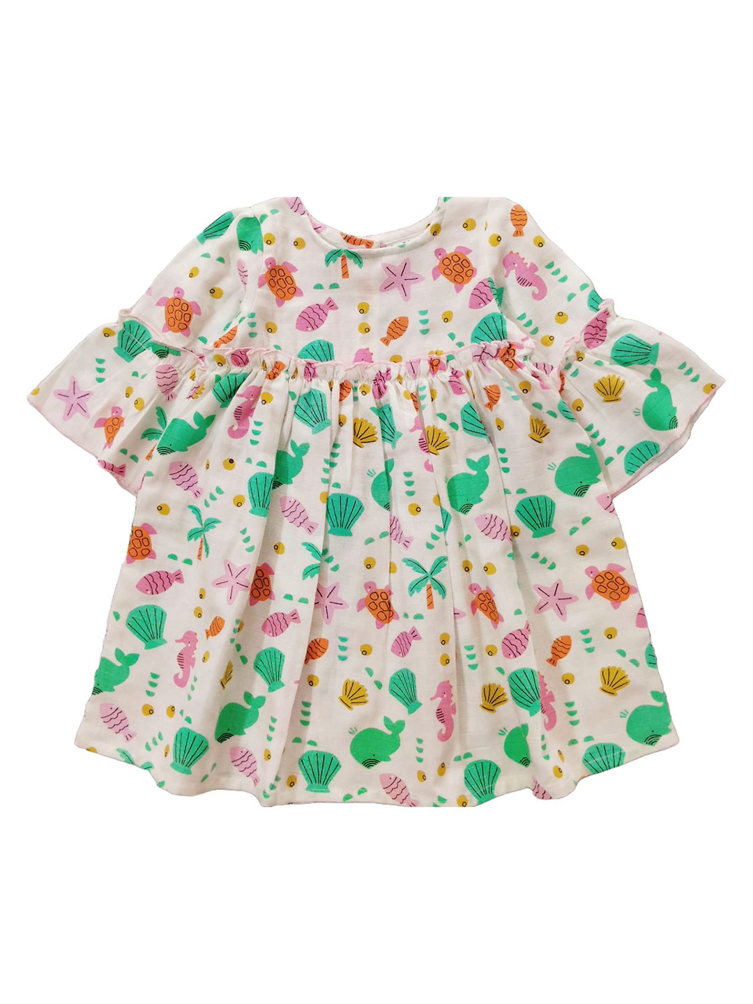 SNOWFLAKES Girls Printed Bell Sleeves Fit & Flare Dress