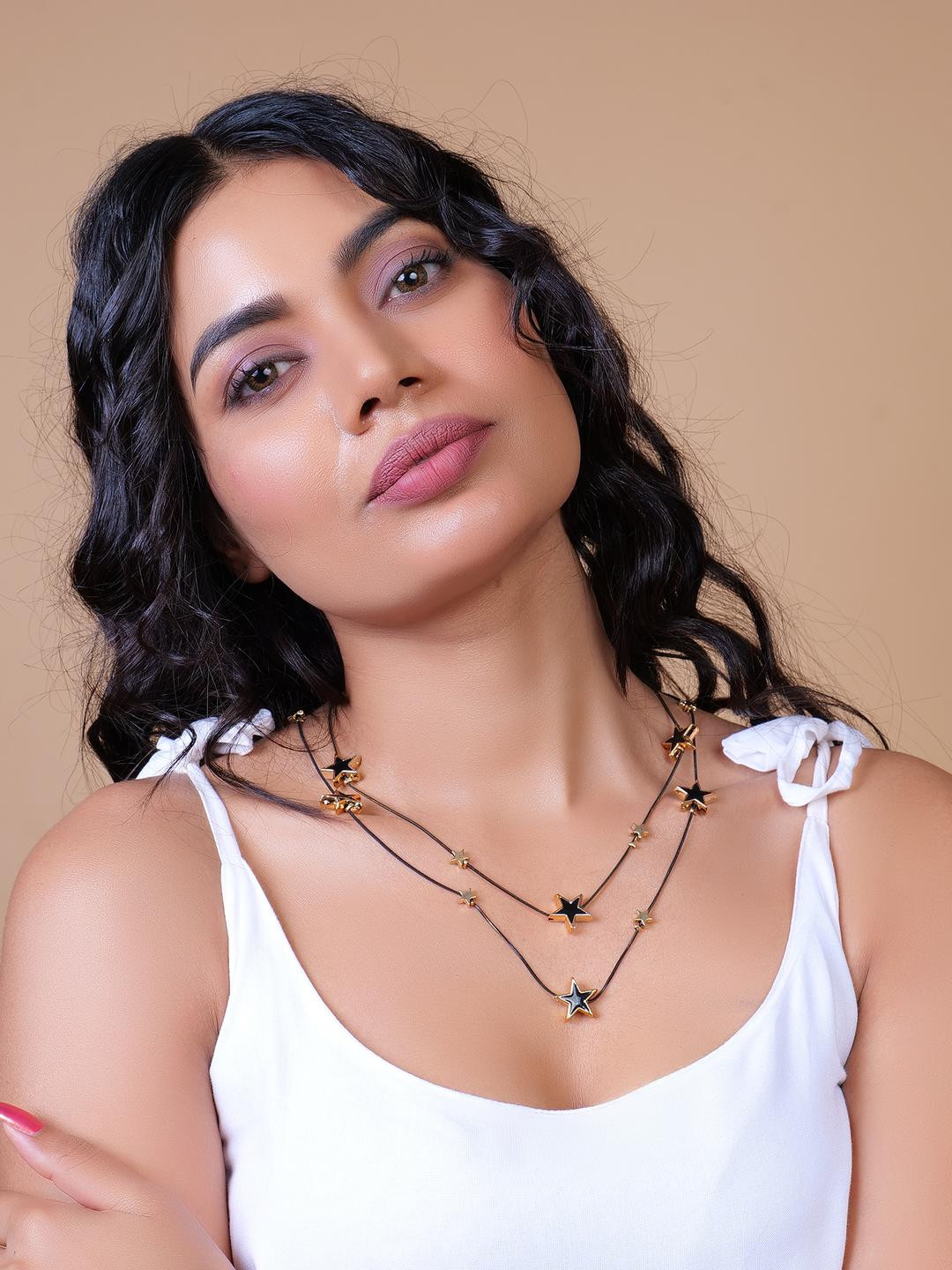 JIYANSHI FASHION Women Black Star Shaped Gold-Plated Double Layered Necklace