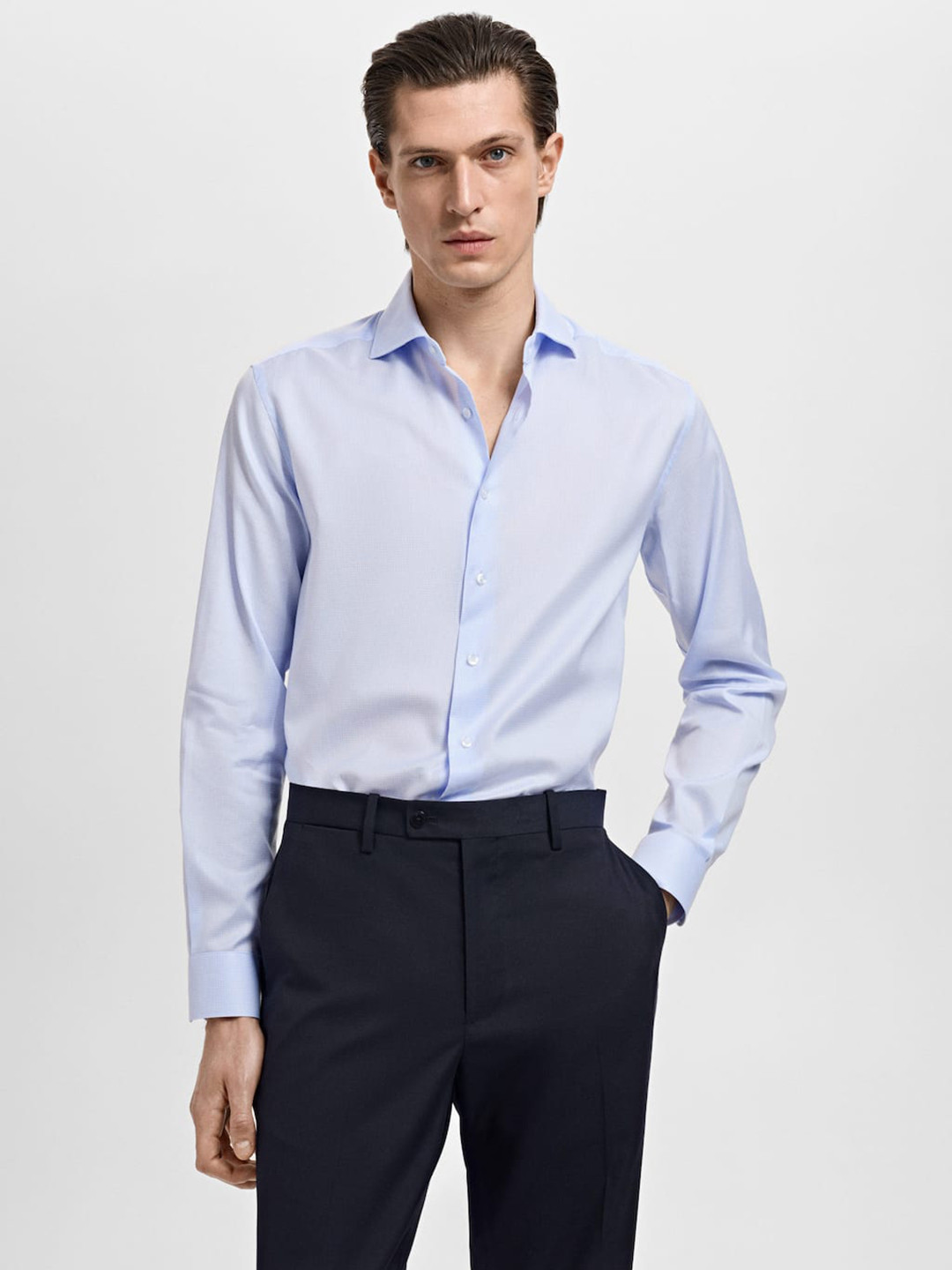 MANGO MAN Pure Cotton Slim Fit Micro Checks Formal Shirt