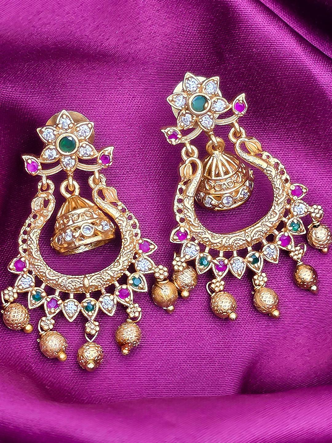 FIRST TOUCH Gold Plated Ornate Studded Classic Jhumkas Earrings