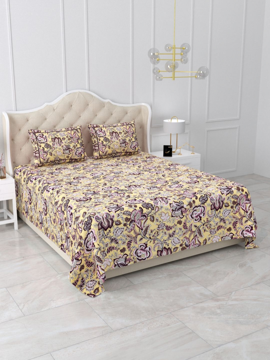 Qfab Yellow Floral 250 TC King Bedsheet with 2 Pillow Covers