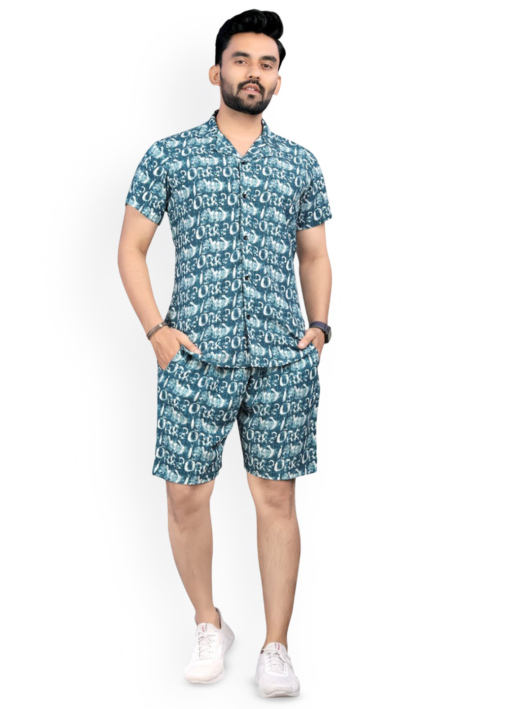 VIMALNATH SYNTHETICS Printed Collared Shirt & Chino Shorts Co-Ord Set