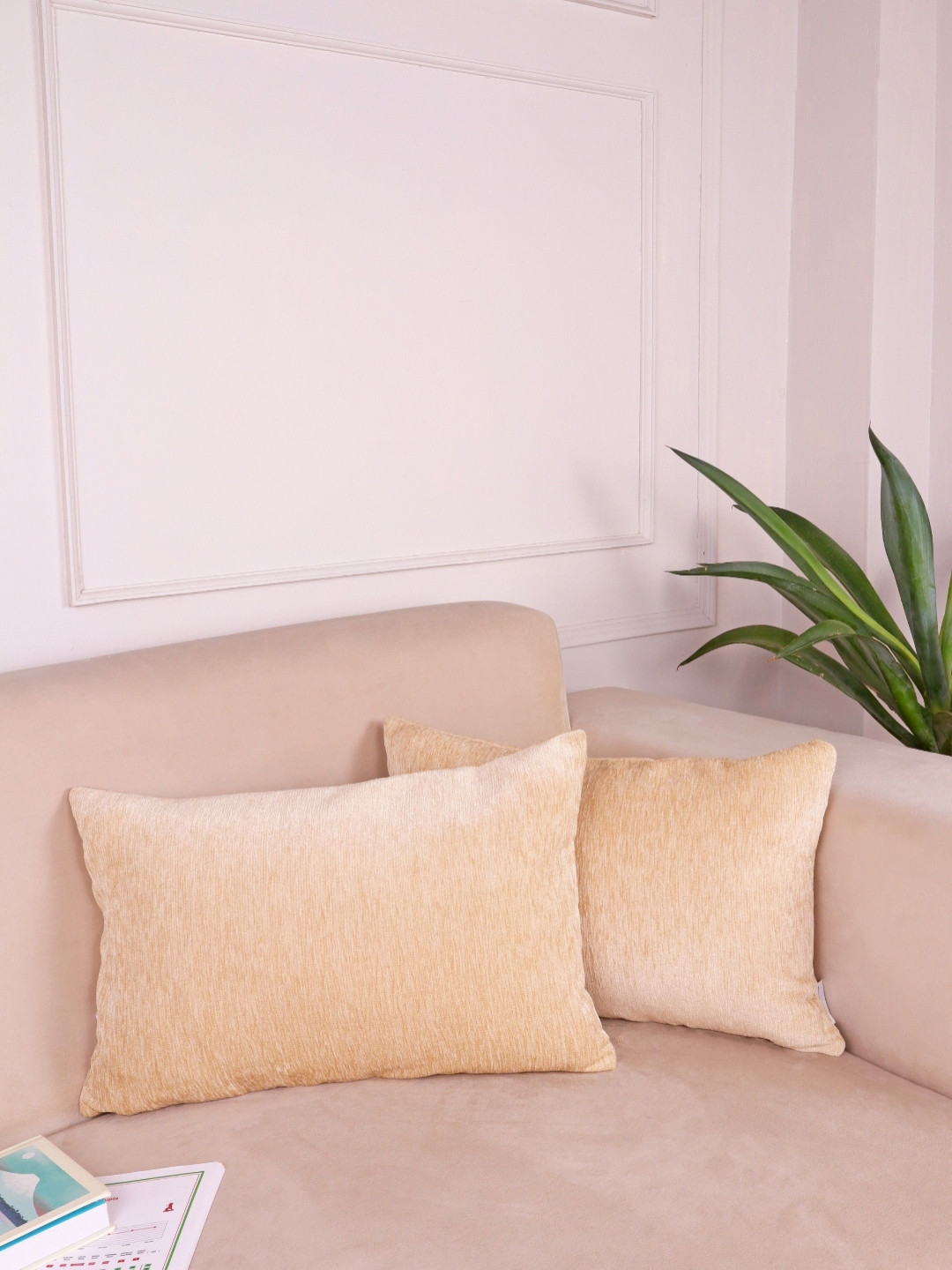 STITCHNEST Set of 2 Beige Textured Velvet Rectangle Cushion Cover