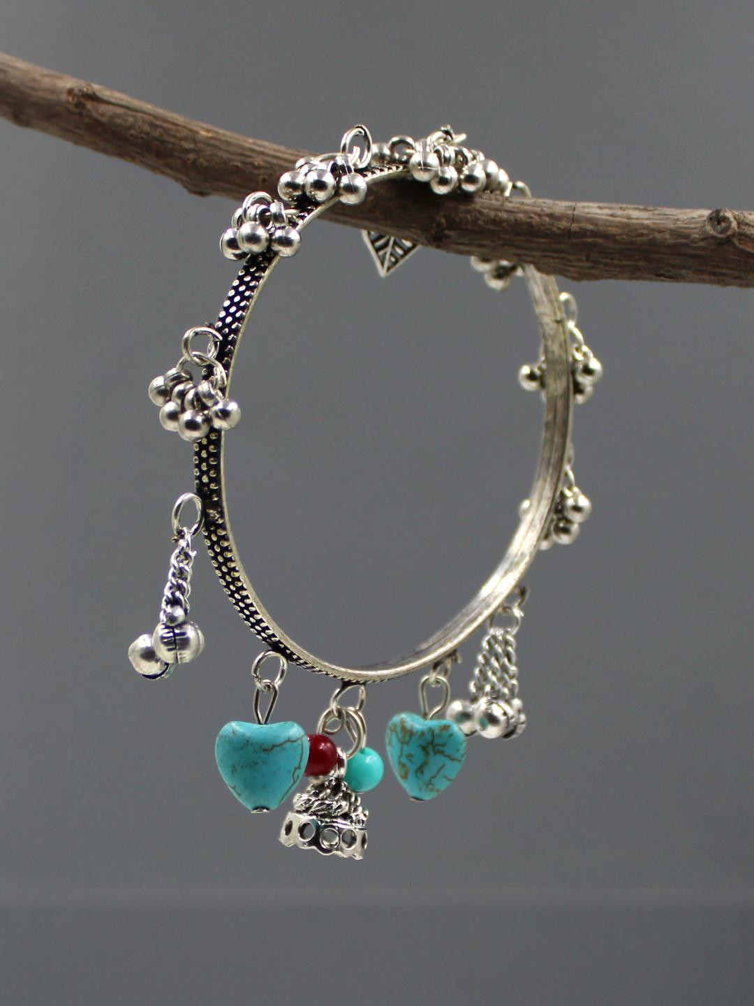 gurjari jewellers Women 1 Pc Of Silver Oxidised With Gungru Turquoise Beads Charm Bangle