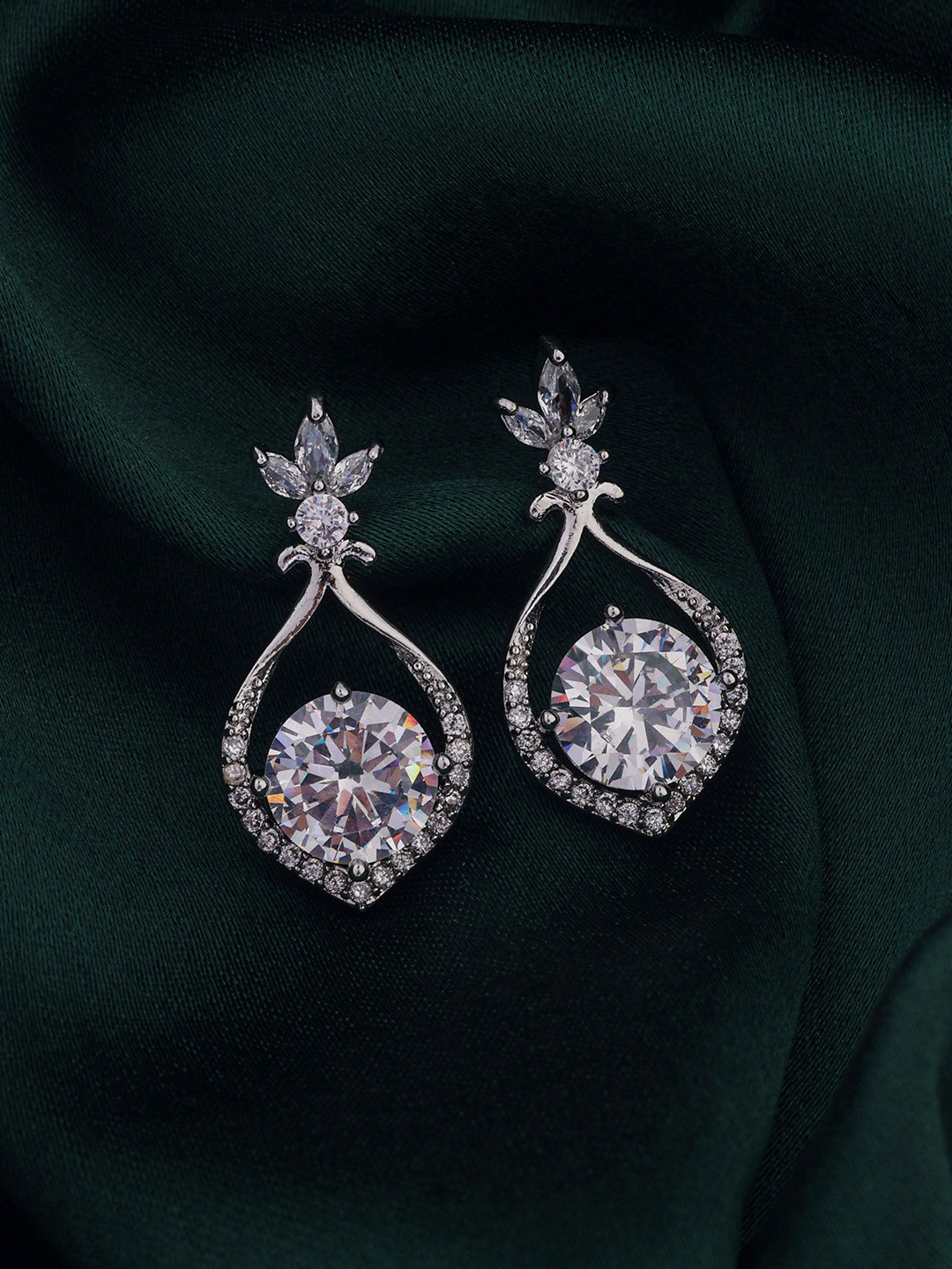 SHONA'S STYLE Stainless Steel Rhodium-Plated American Diamond Studded Floral Drop Earrings