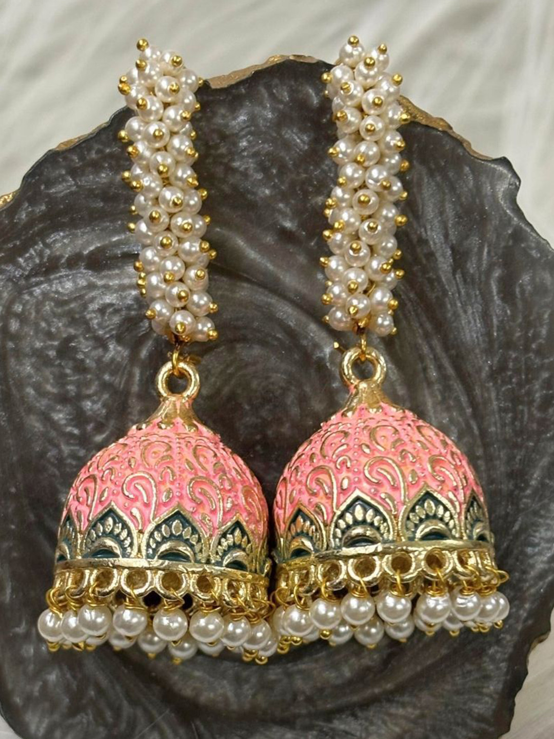 BDIVA Women Gold-Plated Pearl Dome Shaped Traditional Jhumka Earrings