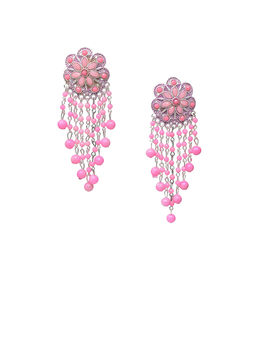 MEIRA JEWELLERY Silver Plated Artificial Stones Studded And Beaded Flower Drop Earrings
