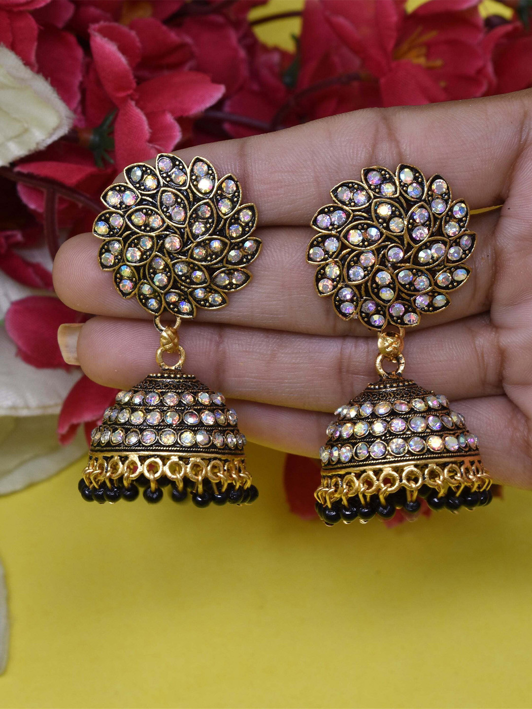 MEIRA JEWELLERY Artificial Stones Studded 7 Beaded Dome Shaped Jhumkas