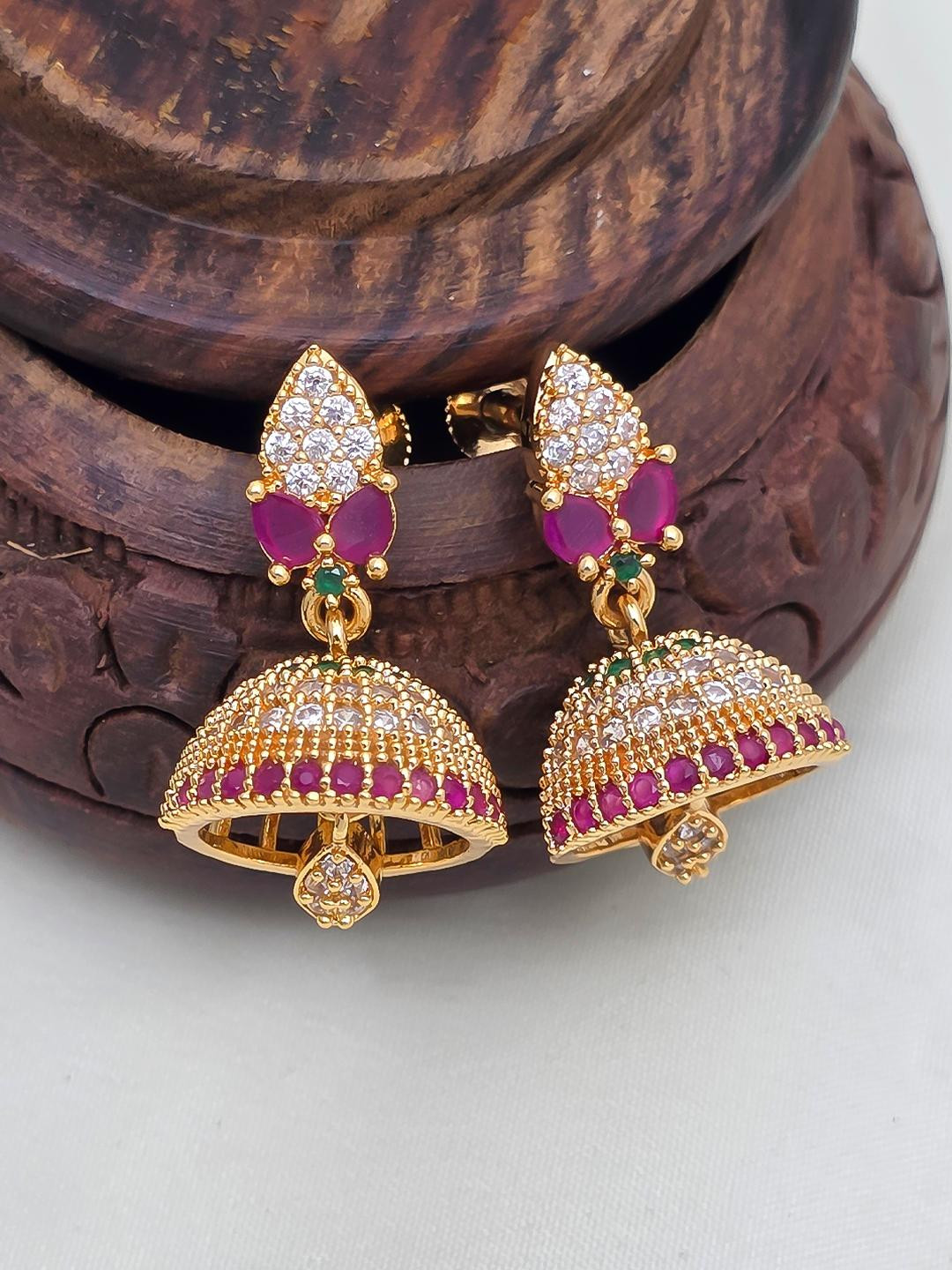 FIRST TOUCH Gold Plated Jhumka with Ruby and CZ Stones Earrings