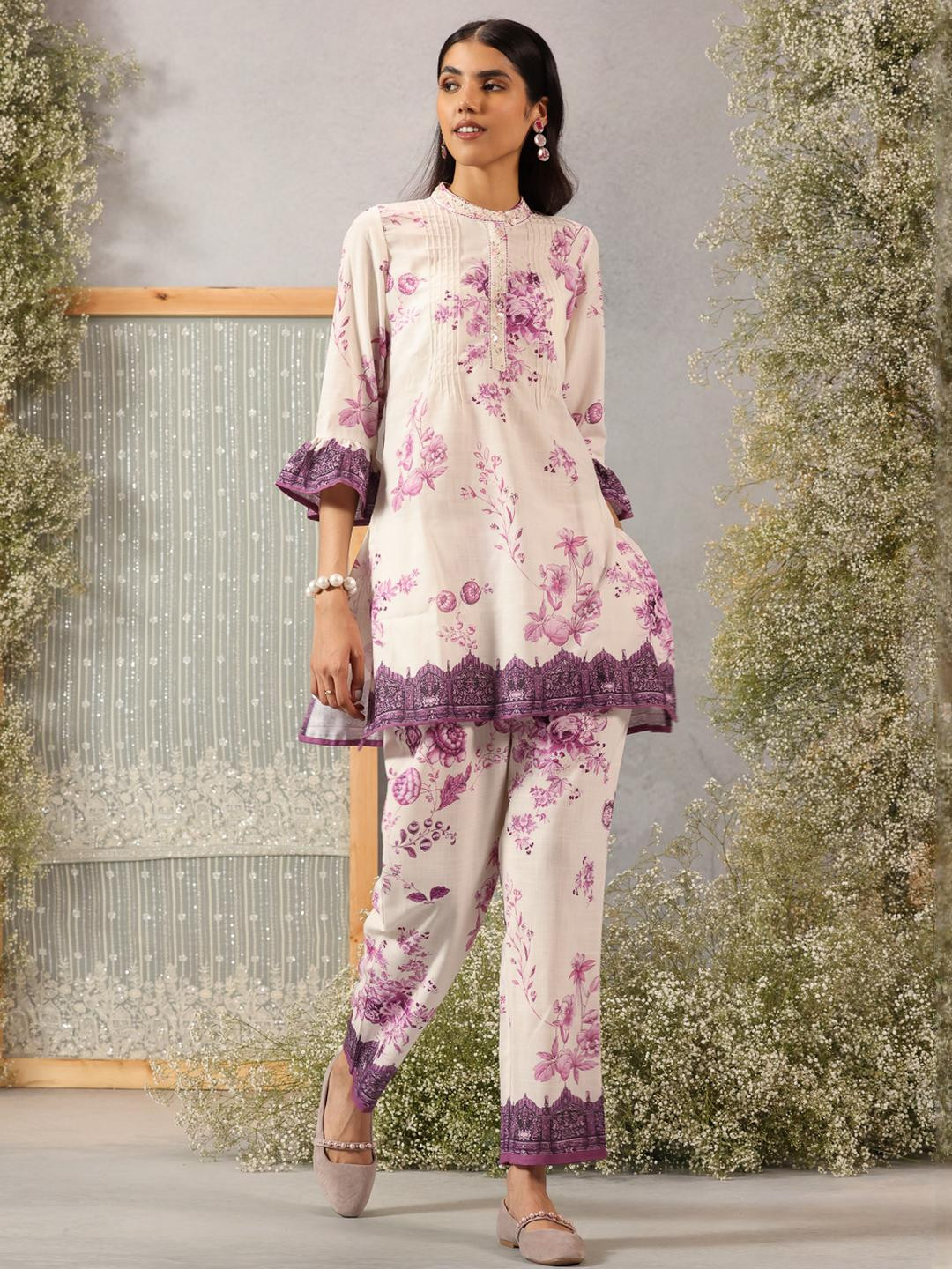 Lakshita Women Purple Printed Remi Linen Co-ord Set