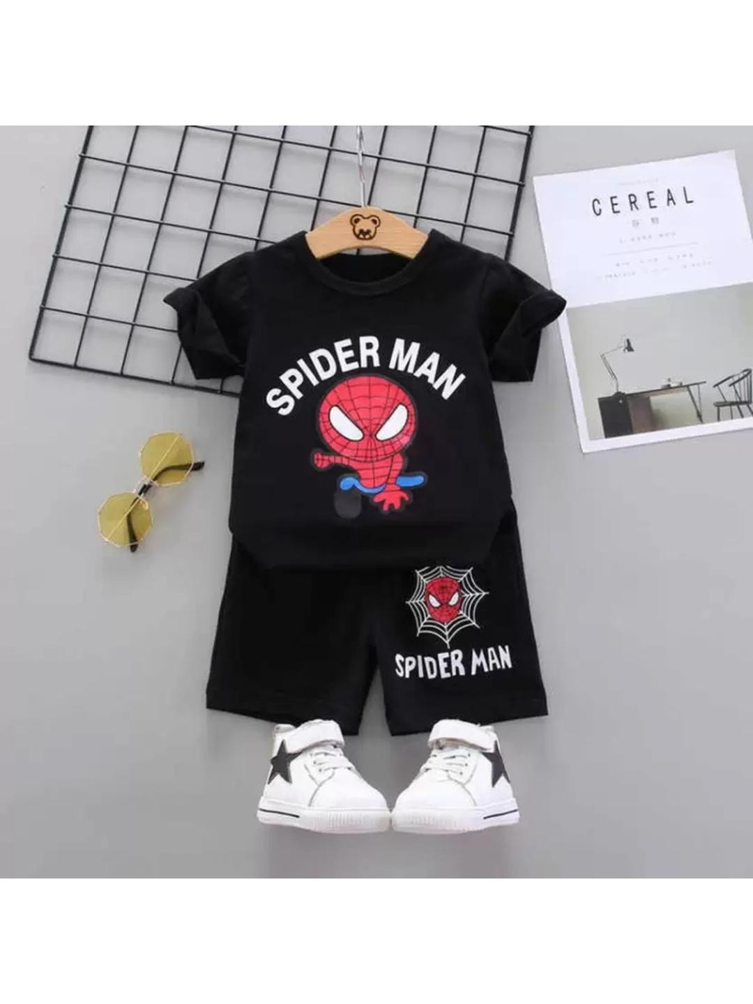 CUTEVIBE Unisex Kids Black Spider Man Printed T-shirt with Shorts