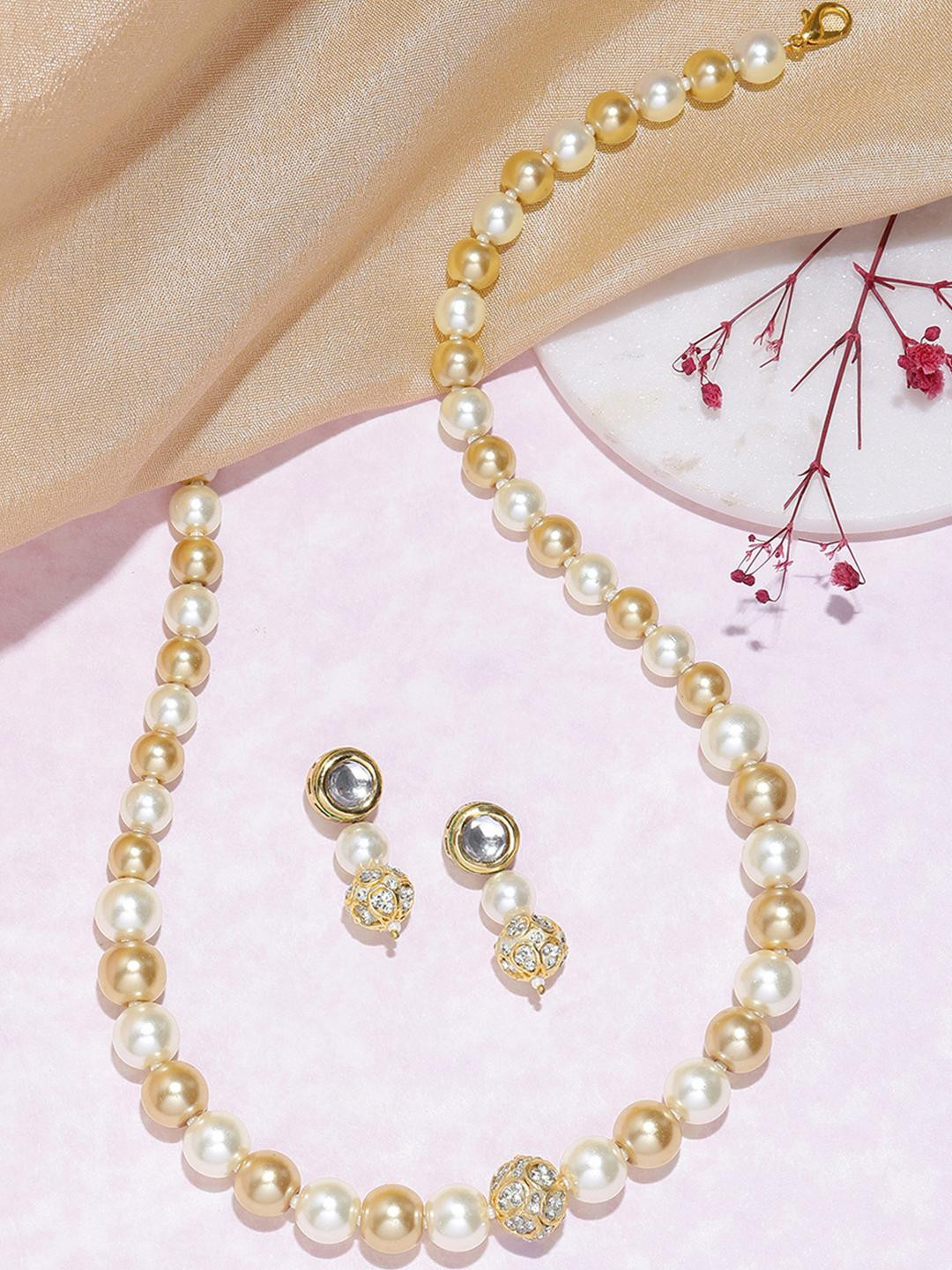 Anouk Premium Quality Pearls Kundan AD Stone Beaded Single Line Necklace Jewelry Set