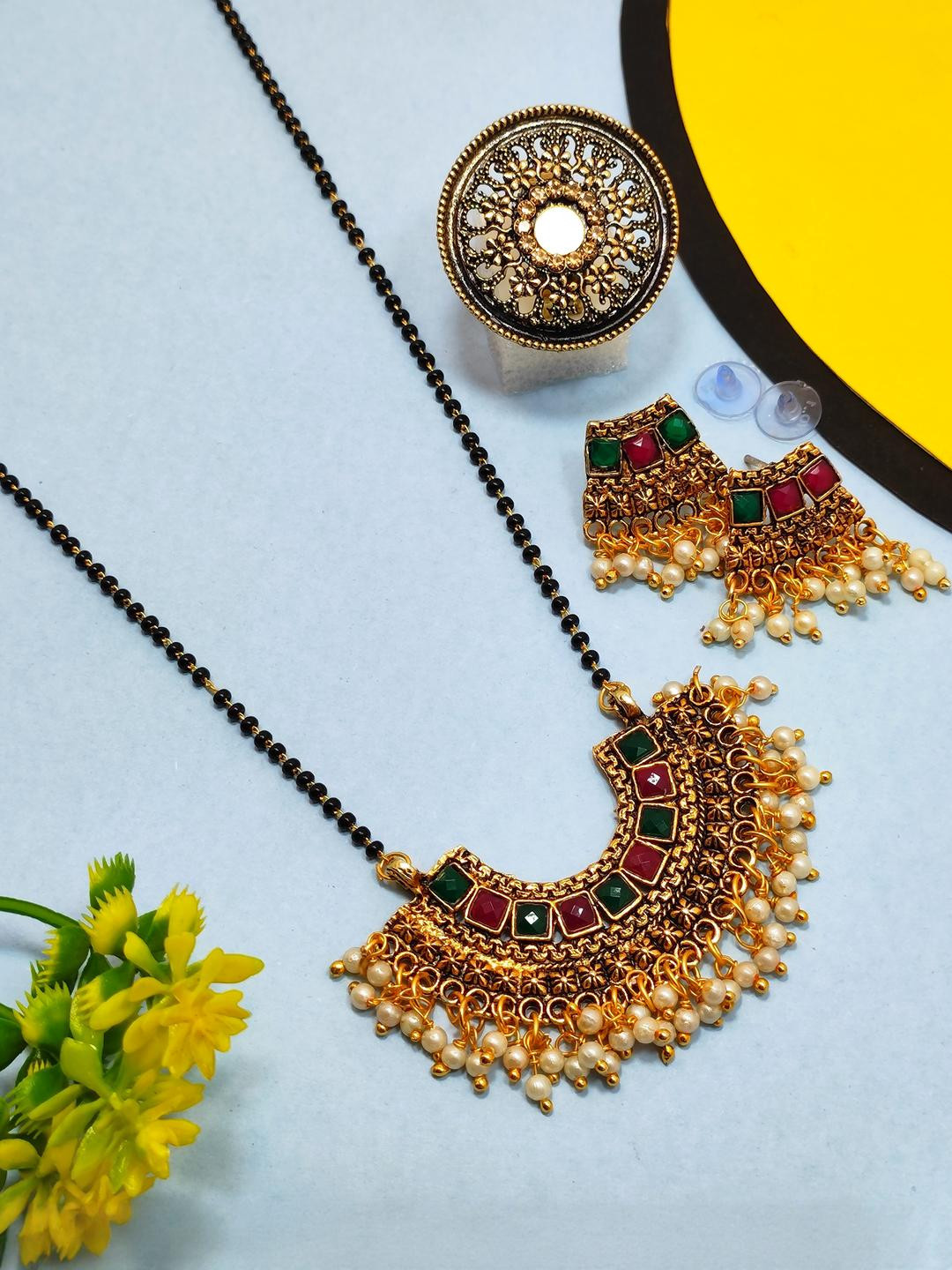 DIVYANSHI COLLECTION Women 3 Pieces Brass Gold-Plated Set Of Necklace & Earrings With Ring