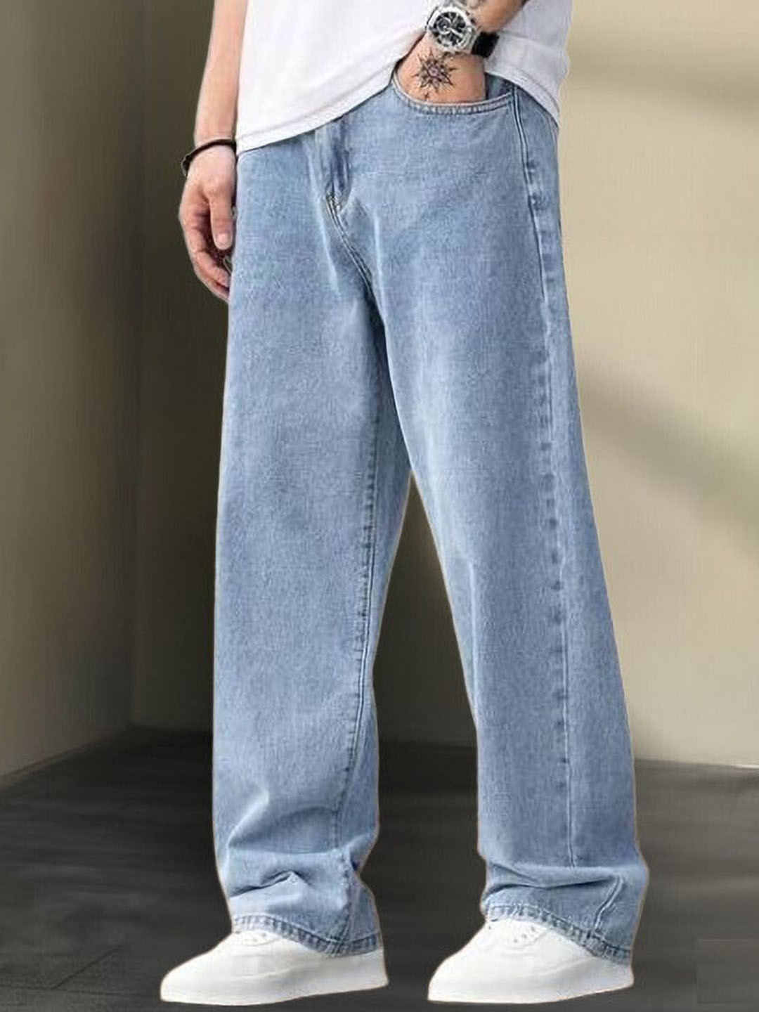 MAAHIT Men Baggy Mid-Rise Light Fade Stretchable Jeans