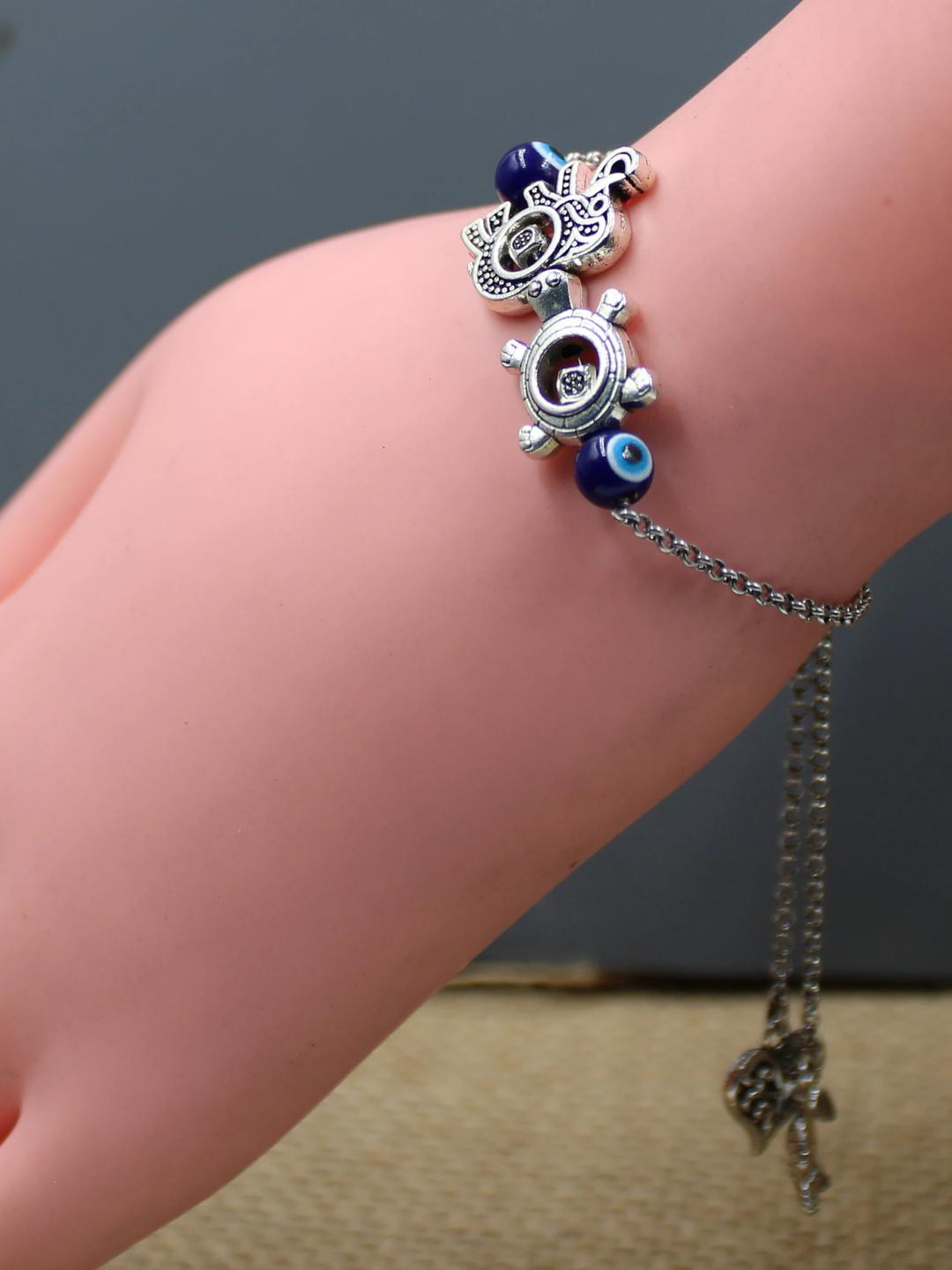 gurjari jewellers Unisex Silver Oxidised Evil Eye Adjustable Chain Bracelet