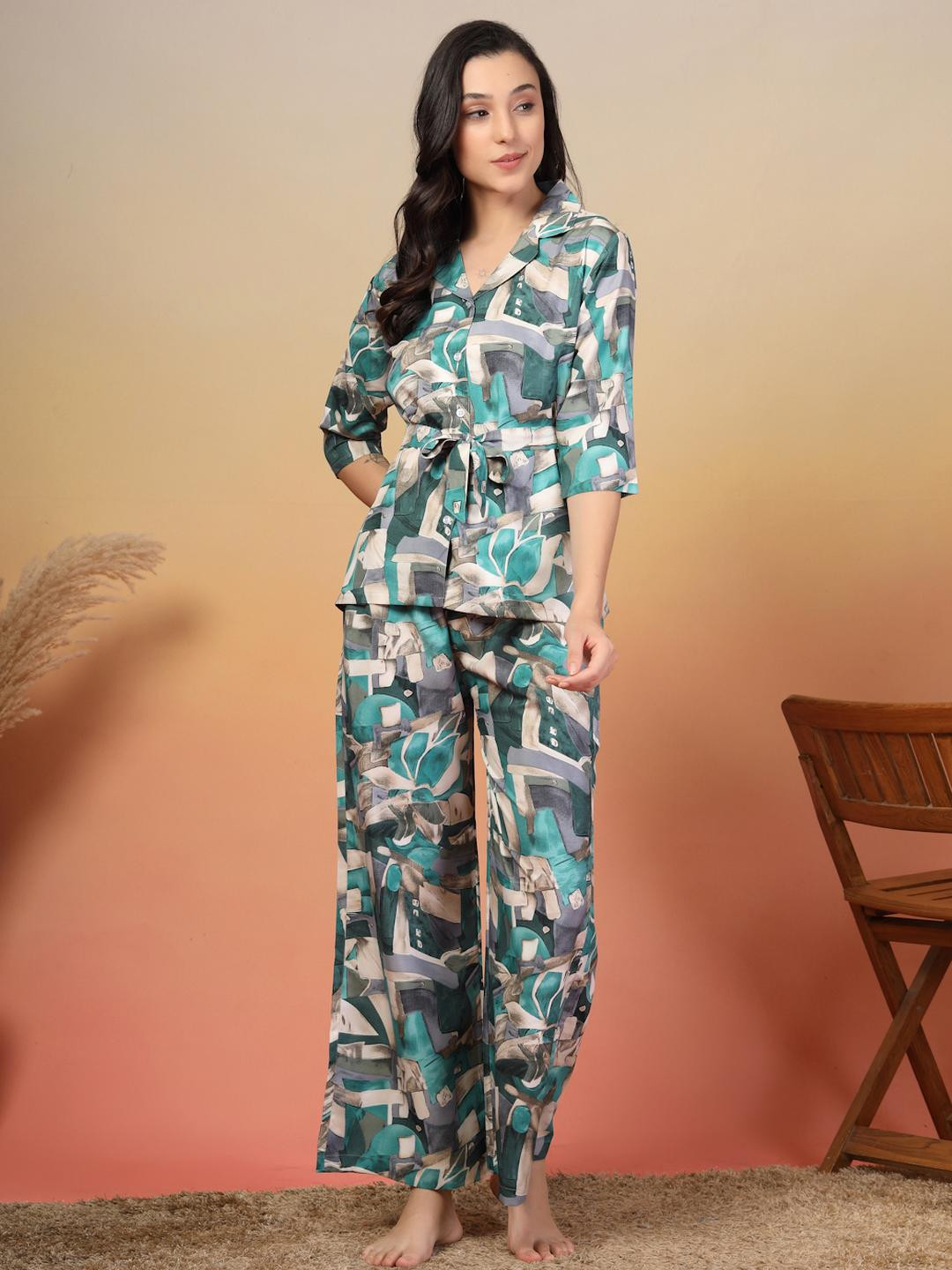 KLOTTHE Women Abstract Printed Lapel Collar Night Suit With Belt