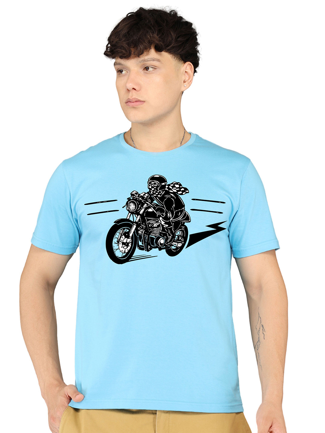 BRAWNY BATTLER Men Biker Printed Round Neck Cotton T-shirt