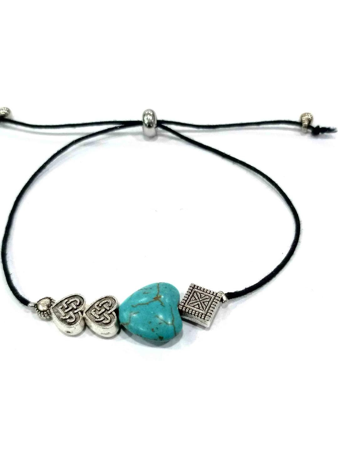 gurjari jewellers Black Thread Adjustable Blue Heart & Oxidized Charms Anklet