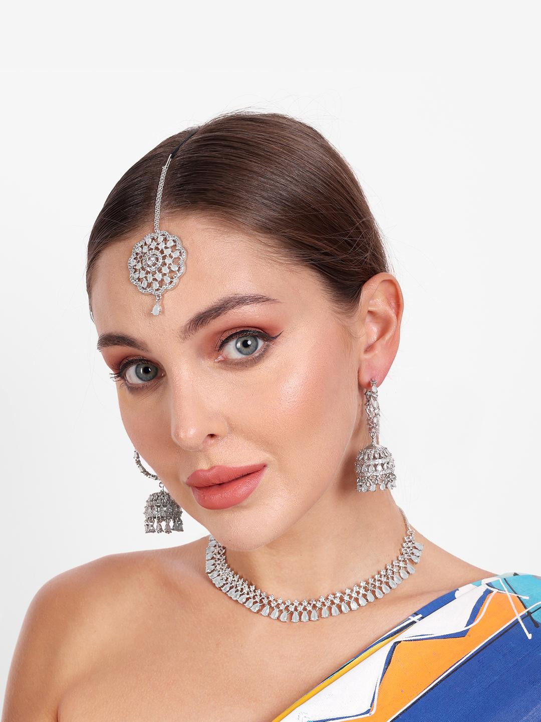 Manuvi Jewels Silver-Plated American Diamond Necklace, Earrings & Maangtikka Set for Women