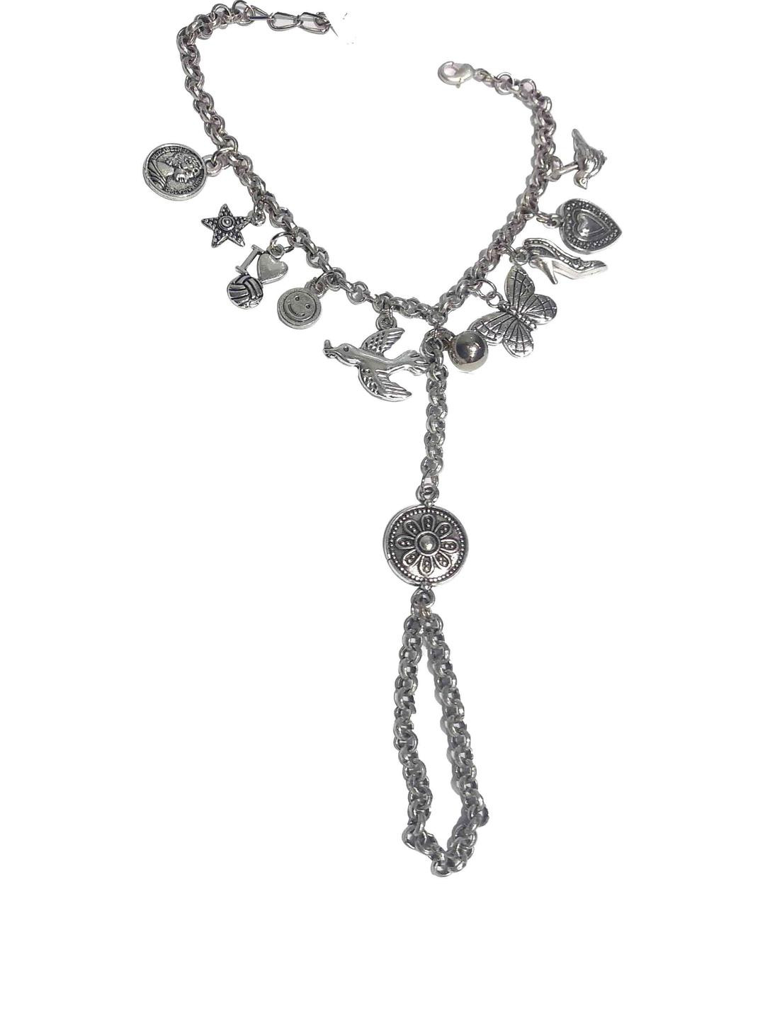 gurjari jewellers Silver Oxidised Multiple Charms Panja Link Bracelet