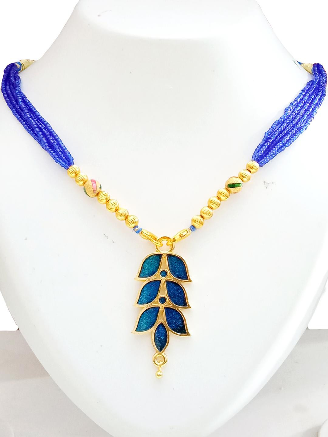 AJS HUB Women Blue Beaded Chain with Blue-Gold Pendant & Earrings Jewellery Set