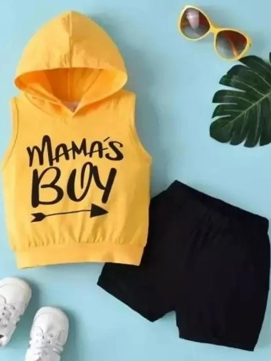 CUTEVIBE Boys Yellow and black Printed Casual Hood Sleeveless T-shirt With Slip-On Shorts