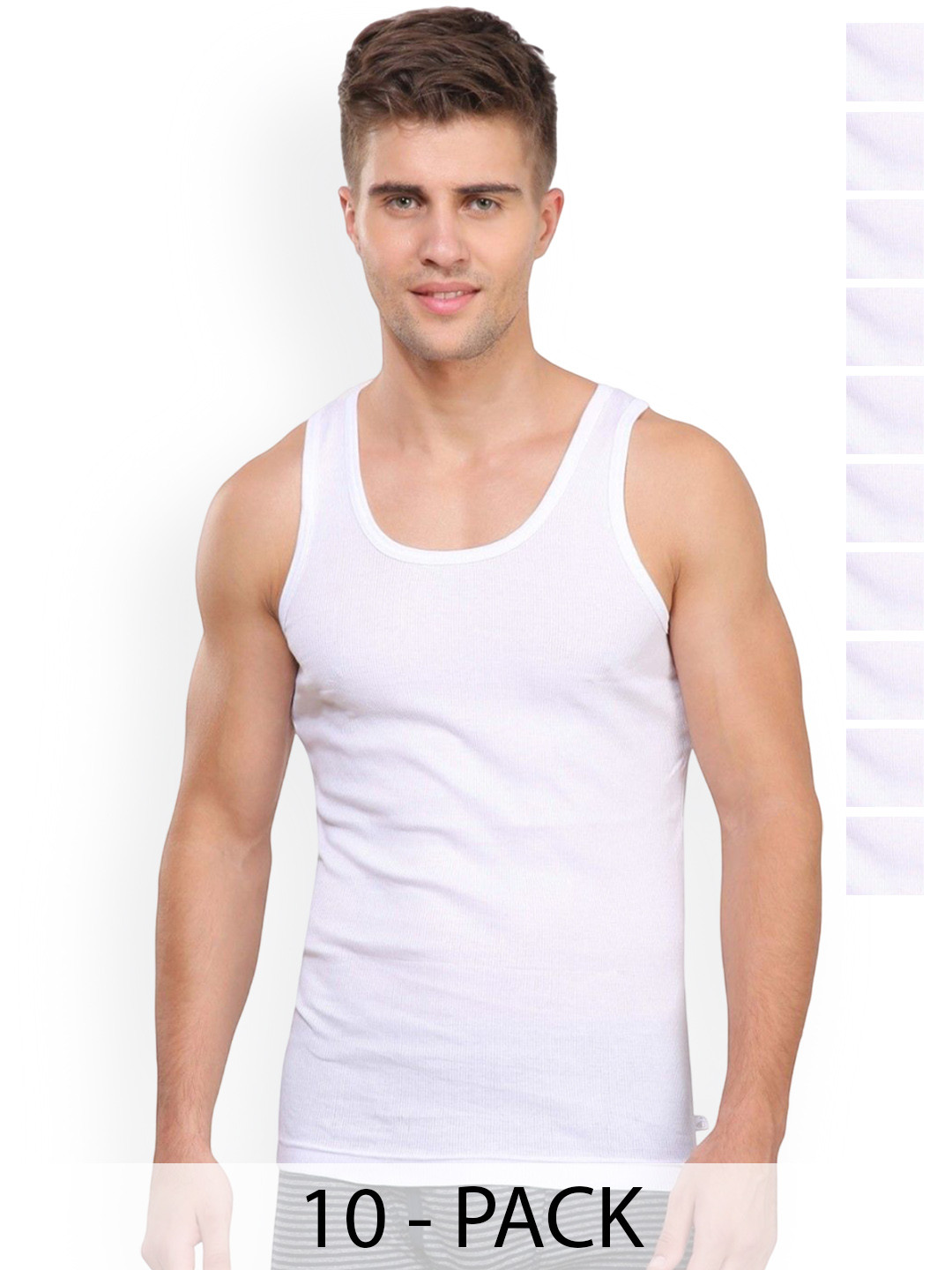 Rupa Pack Of 10 Ribbed Pure Cotton Vest Frontline--Rib-White-RN-10