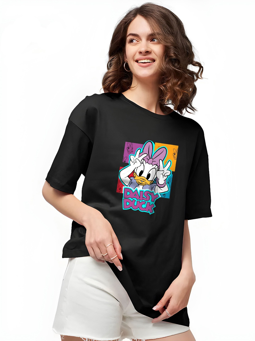 N1F FASHION Women Daisy Duck Graphic Printed Round Neck Cotton Oversized T-shirt