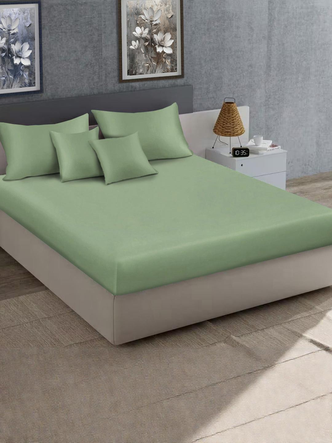 KLOTTHE Olive Green Flat 400TC Satin King Bedsheet With 2 Pillow Covers & 2 Cushion Covers