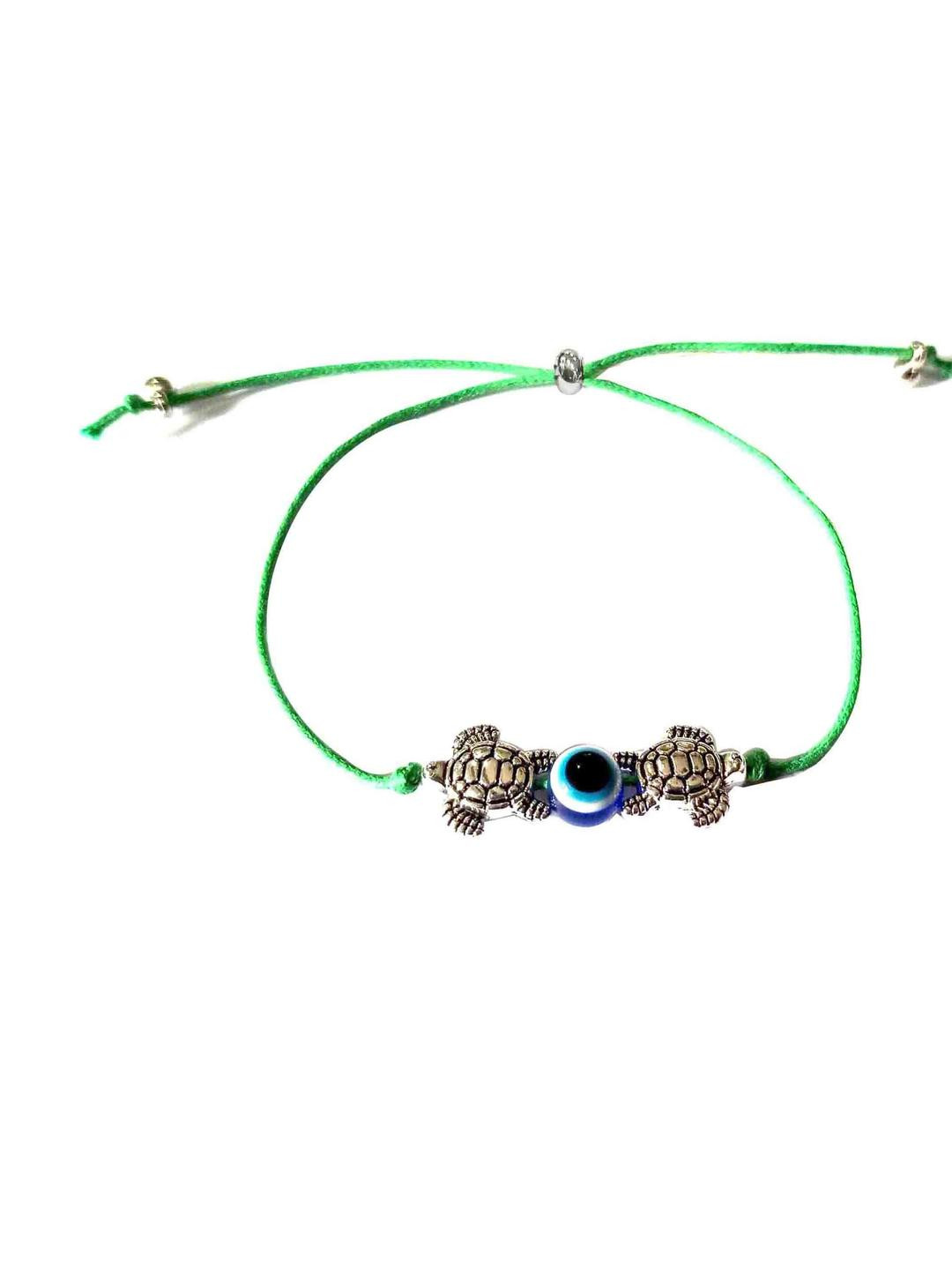 gurjari jewellers Women Green Tortoise Oxidised & Evileye Beaded Charm Bracelet