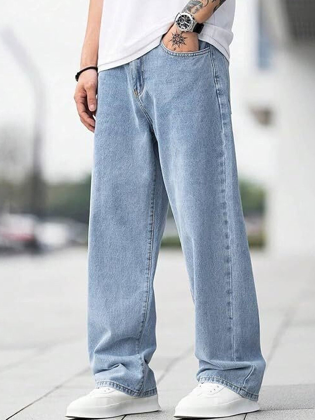 MAAHIT Men Baggy Fit Mid-Rise Light Fade Stretchable Jeans