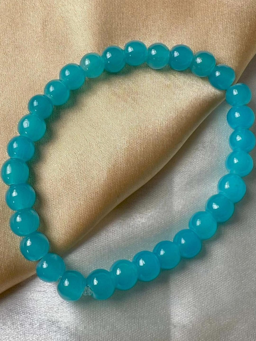 Rodya Unisex Aqua Blue Glossy Round Beads Elasticated Bracelet