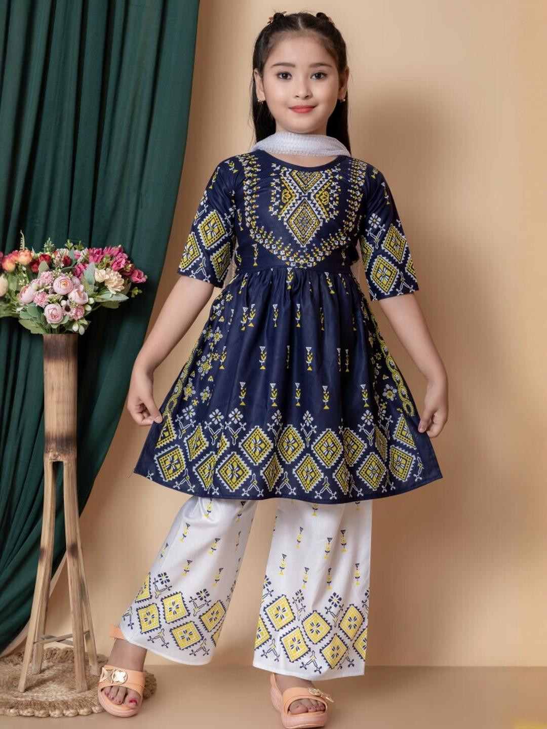 NFashion Girls Printed Kurta With Palazzos And Dupatta