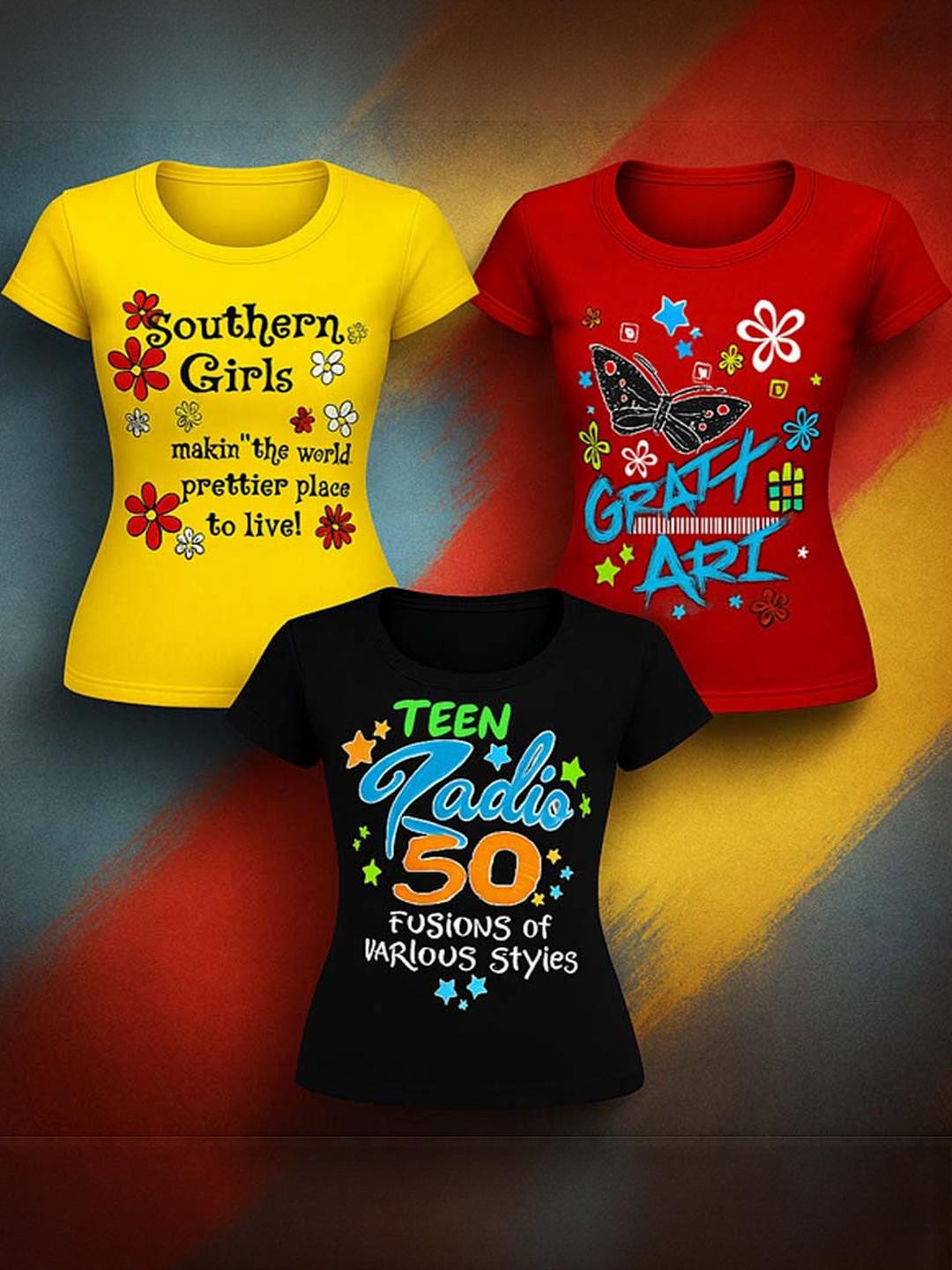 FASHIONATEWORLD Girls Pak of 3 Typography Printed Cotton T-shirts