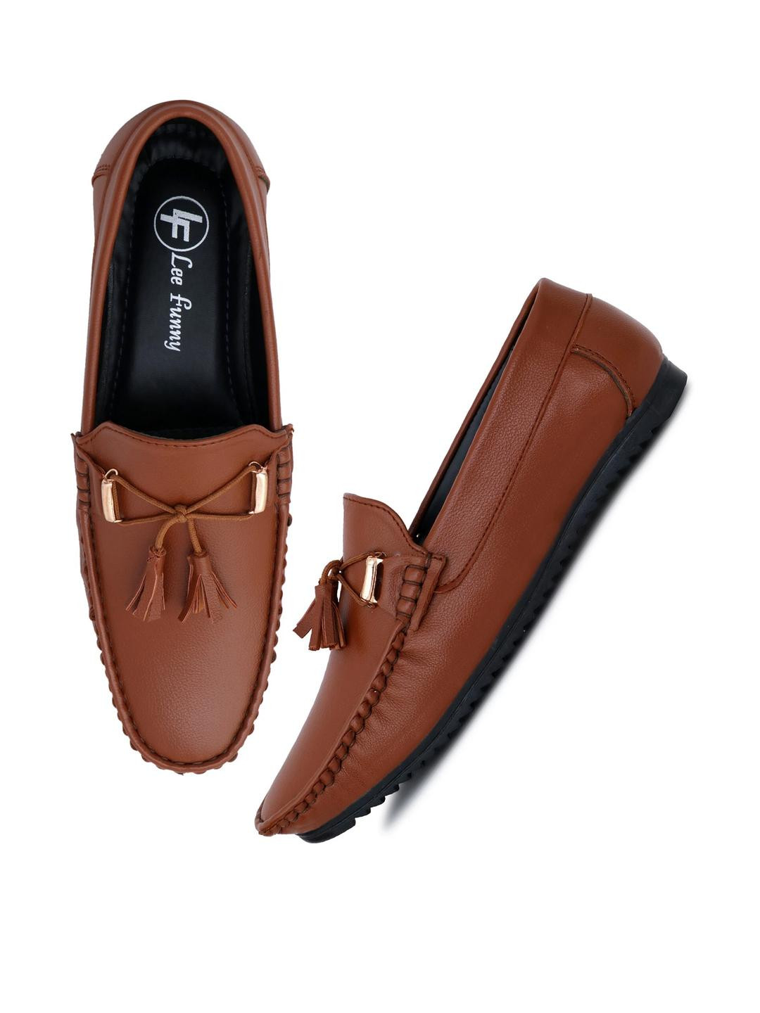 FUNNY FIRE Men Brown Color Solid Stylish Slip-On Round Toe Loafers