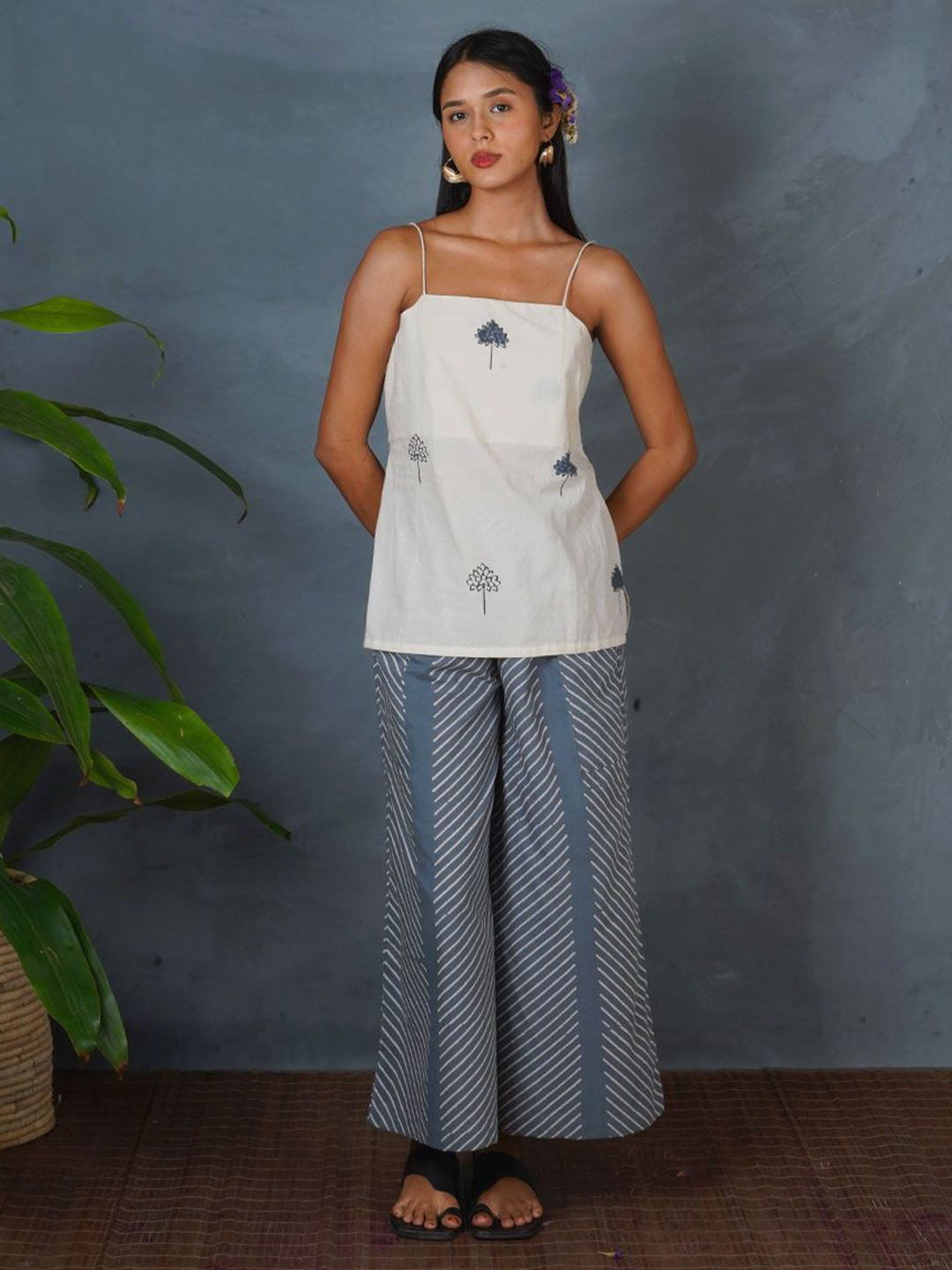 Chidiyaa Women Beneath The Monsoon sky Soft Eclipse Ivory Block Printed Pure Cotton Top