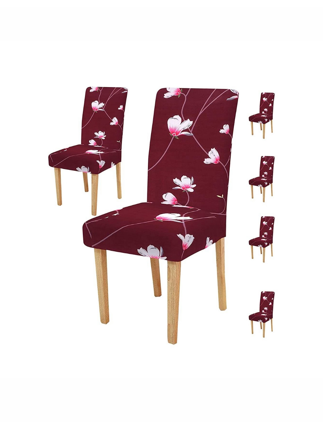 FAVRIA 6-Pcs Maroon & Pink Printed Stretchable Dining Chair Covers