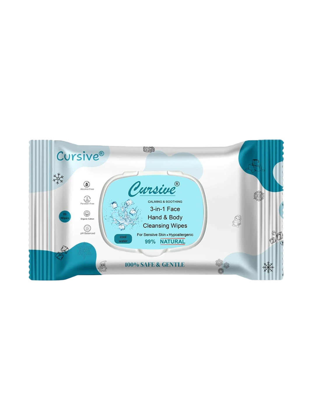 CURSIVE Refreshing Cool Water 3-In-1 Hand Body & Face Wet Wipes - 25 Pulls