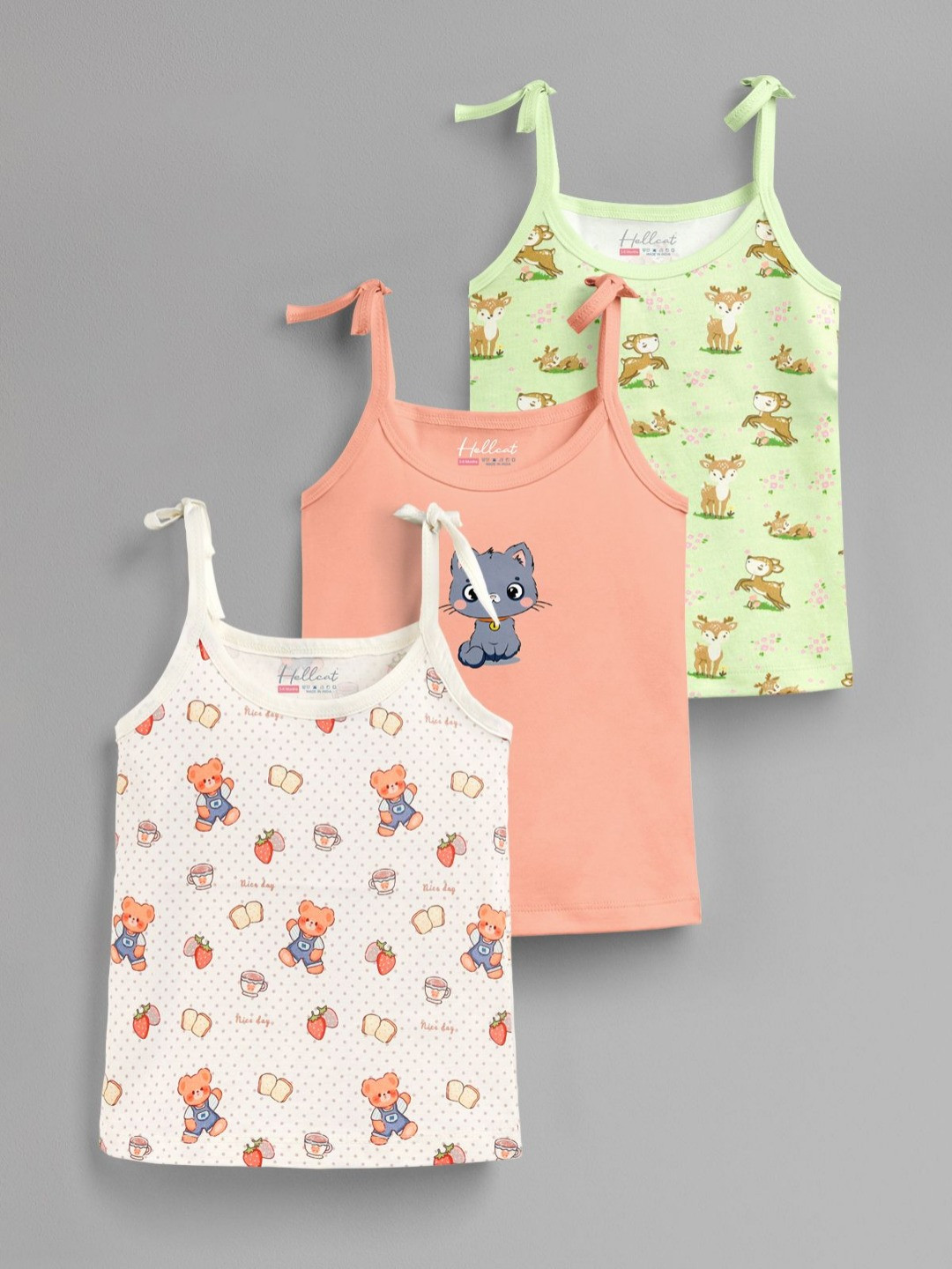 HELLCAT Kids Pack Of 3 Printed Pure Cotton Strap Open Jhabla Vests