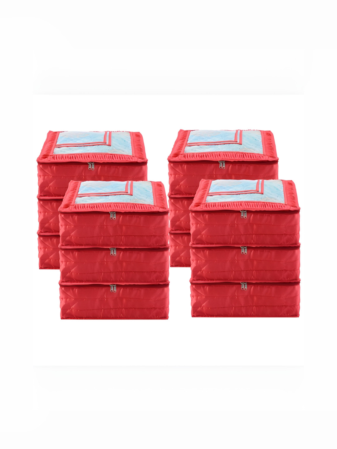 Aura Red & Transparent 12 Pieces Frill Top Window Satin Saree Bag Organisers