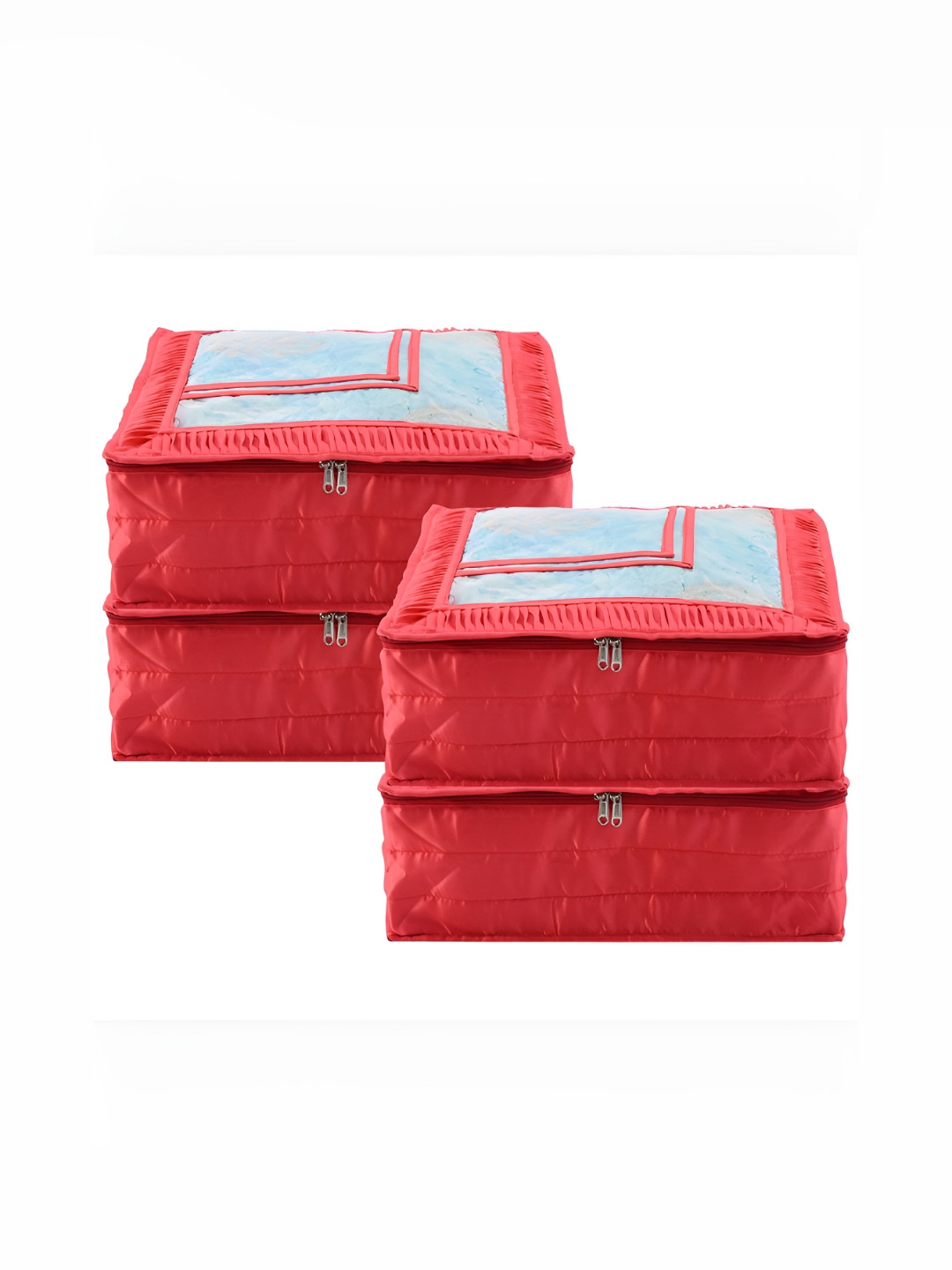 Aura Red & Transparent 4 Pieces Frill Top Window Satin Saree Bag Organisers