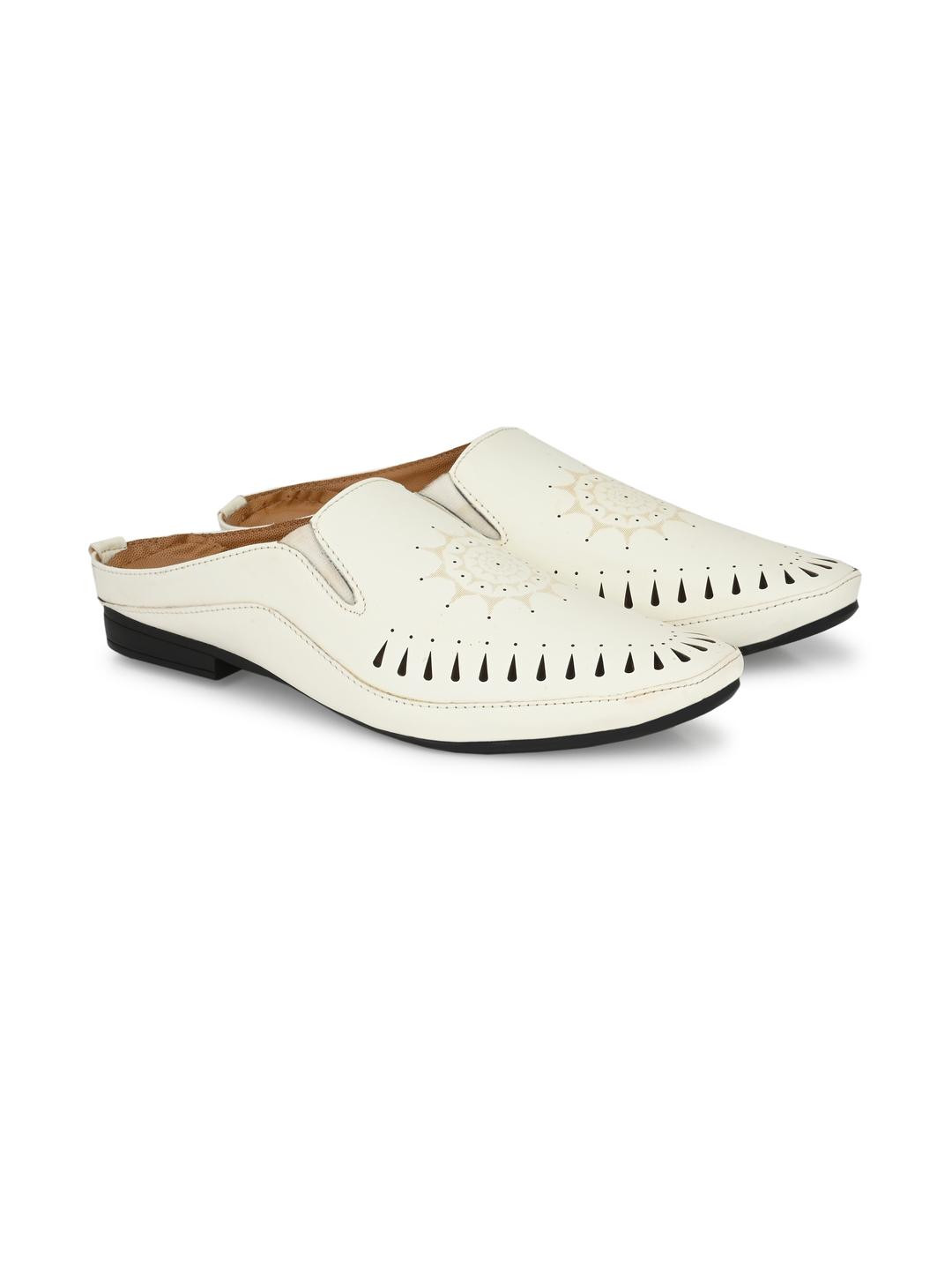 G L Trend Men White Color Open Back Mule Slip-on Clogs Perforations Ethnic Loafer
