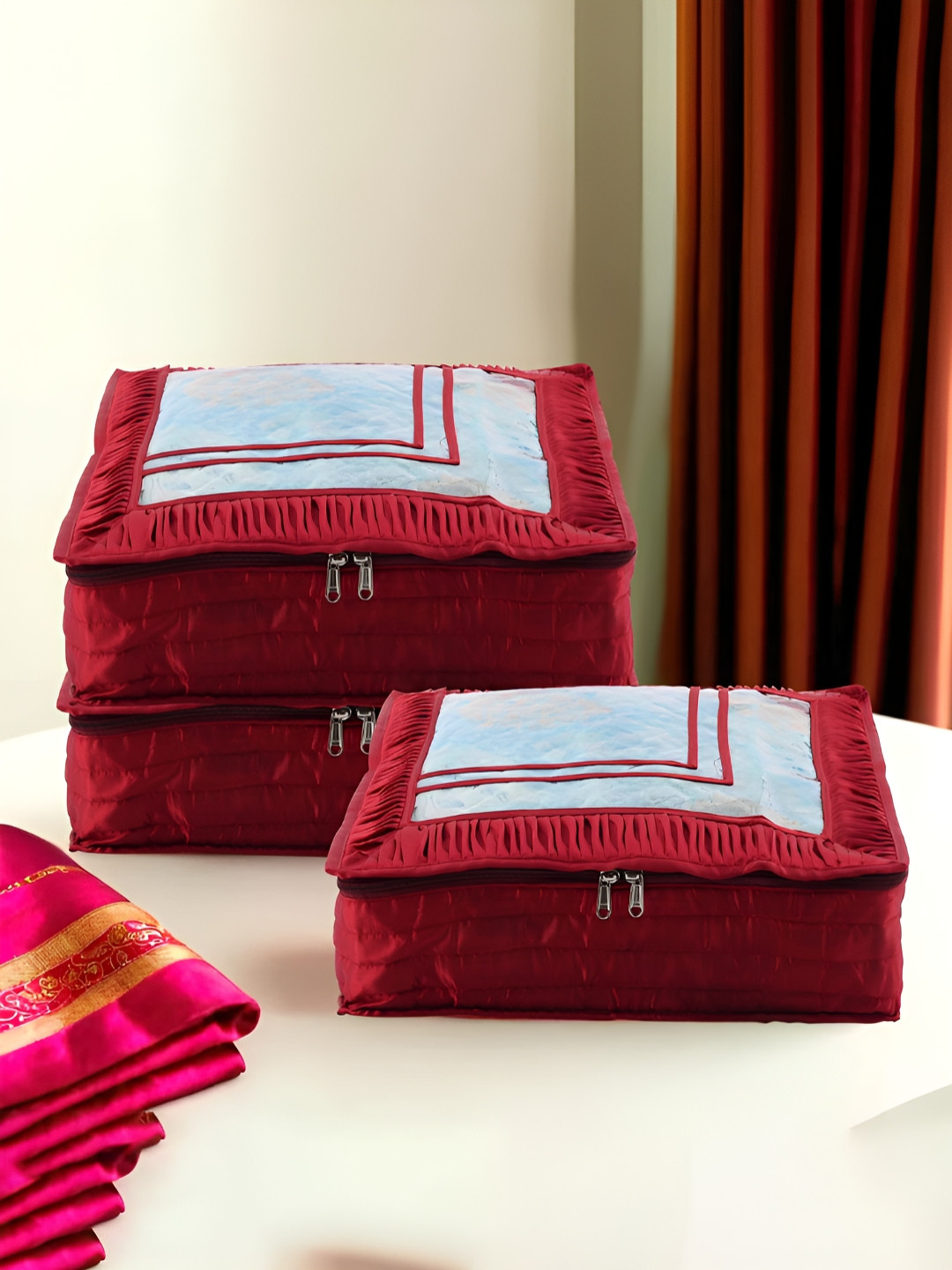 Aura Maroon & Transparent 3 Pieces Frill Top Window Satin Saree Bag Organisers