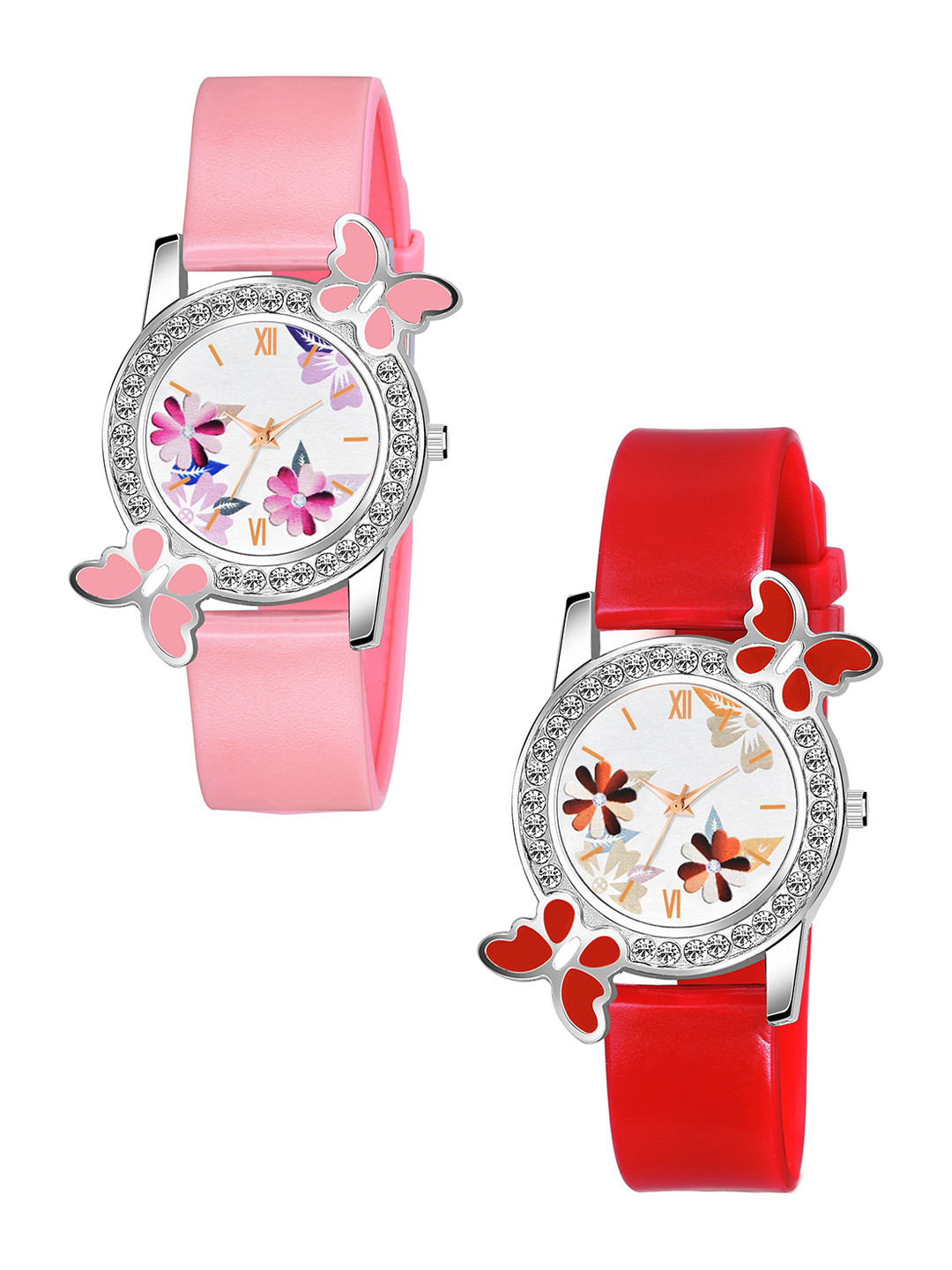CSAMON Women Set Of 2 Printed Dial & Straps Analogue Watch 328 PINK RED Fosil