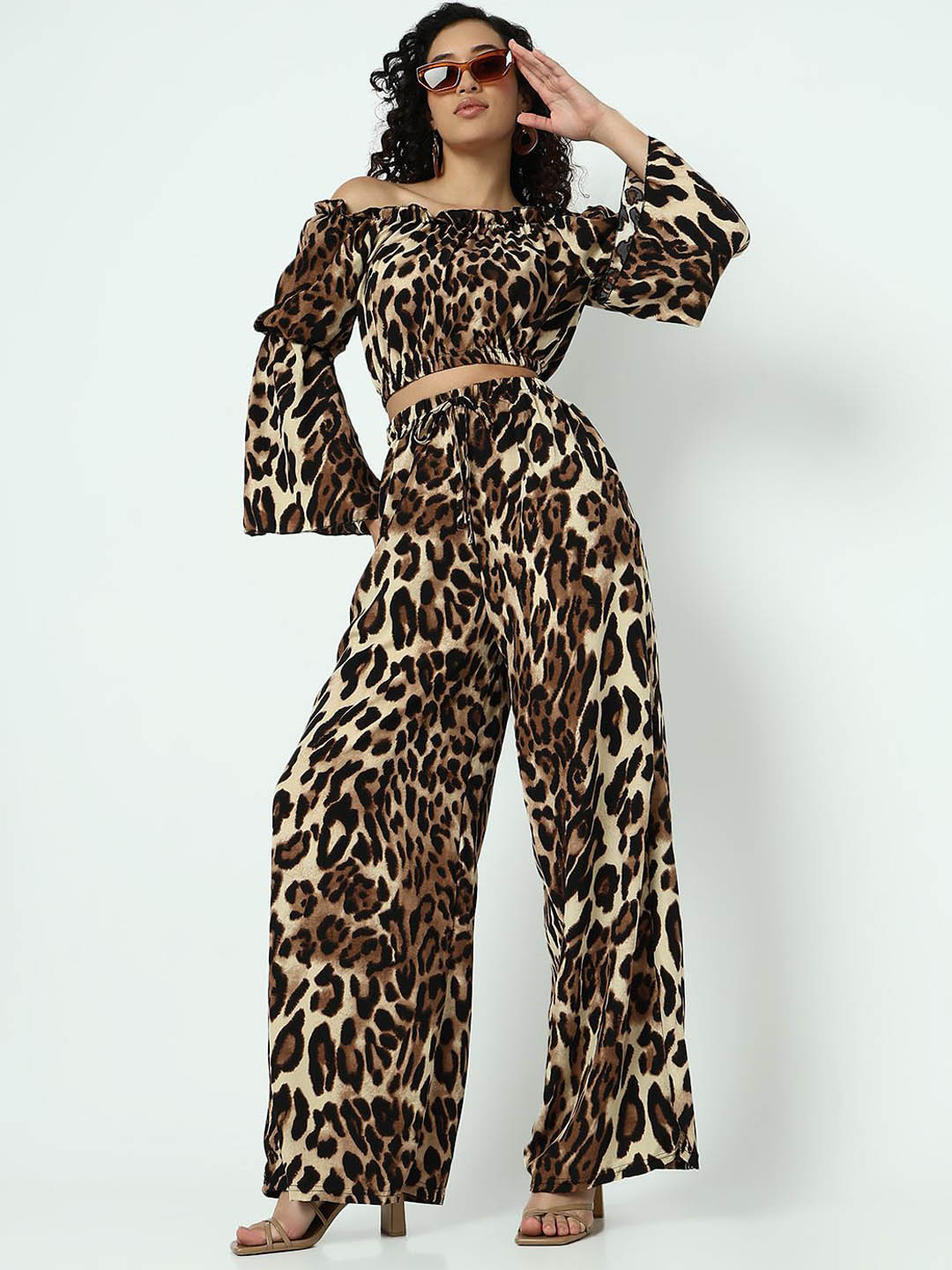 SHOWOFF Printed Off-Shoulder Top With Trousers Co-Ords
