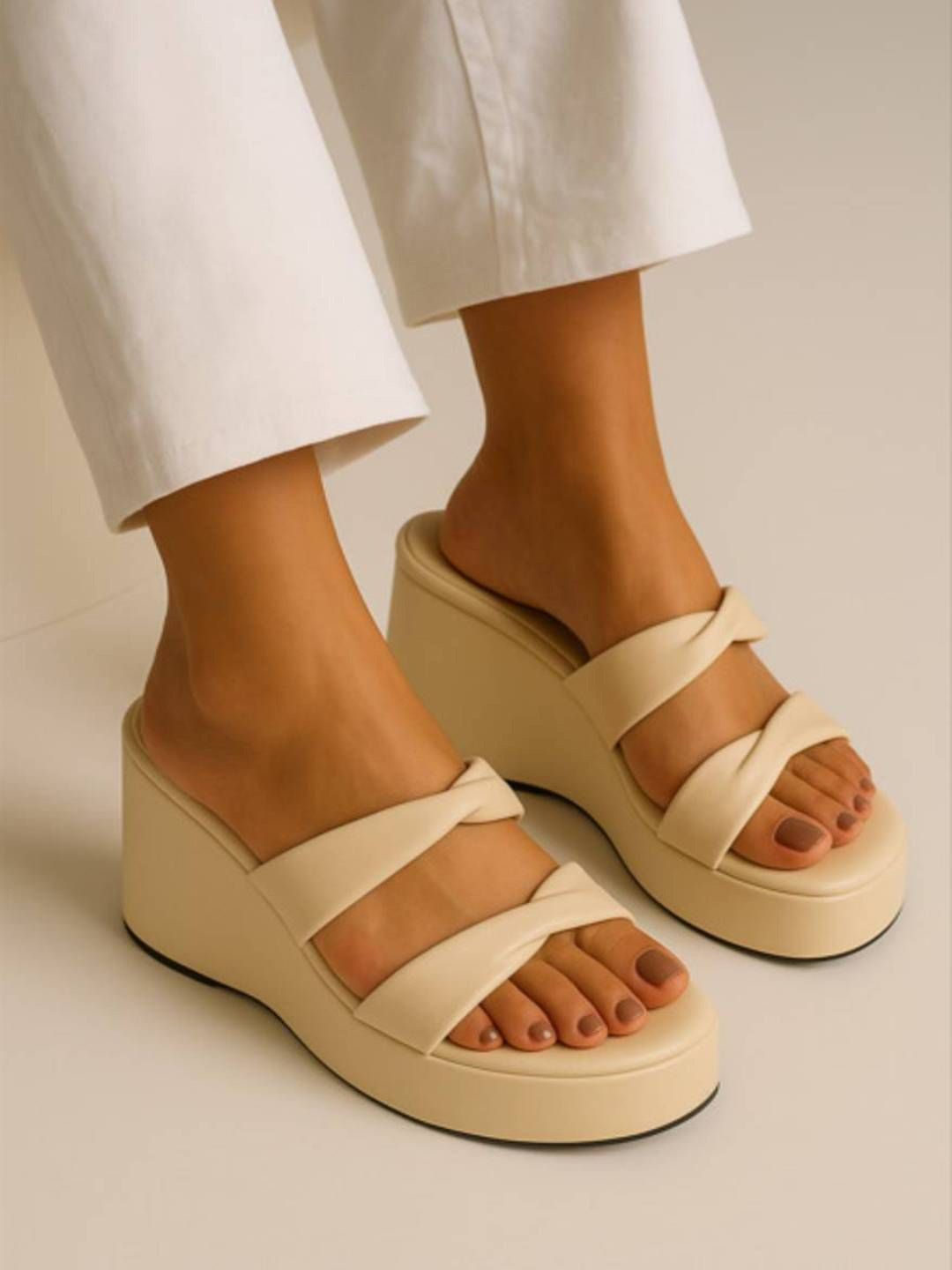 GLO GLAMP Women Solid Open Toe Ivory Bliss Wedges Heel Sandals