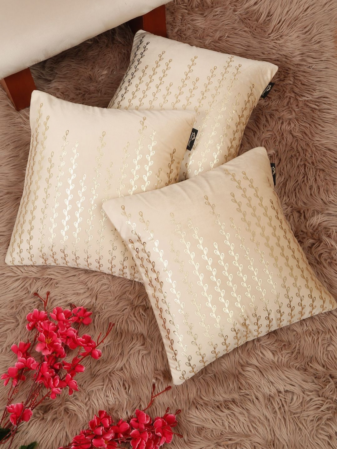 Myntra Elegant Homes Cream-Coloured 3 Pieces Ethnic Motifs Velvet Square Cushion Covers