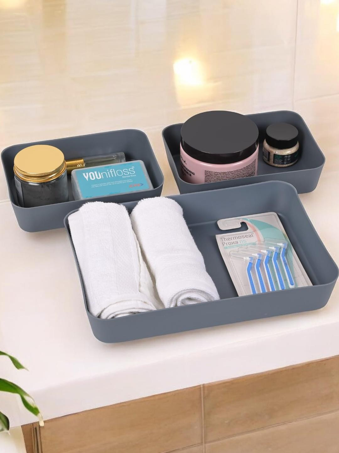 Go Hooked Set of 3 Plastic Storage Tray Multipurpose Organizers for Kitchen, Bathroom